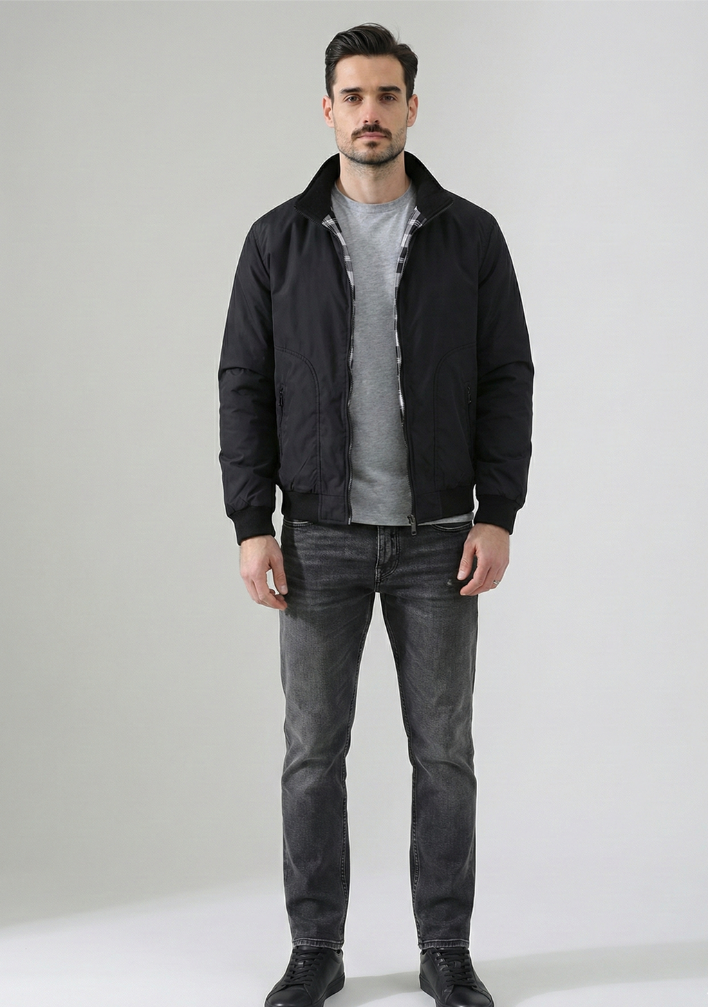 Lightweight Jacket with Stand Collar and Plaid Inner Lining | Marc – Black