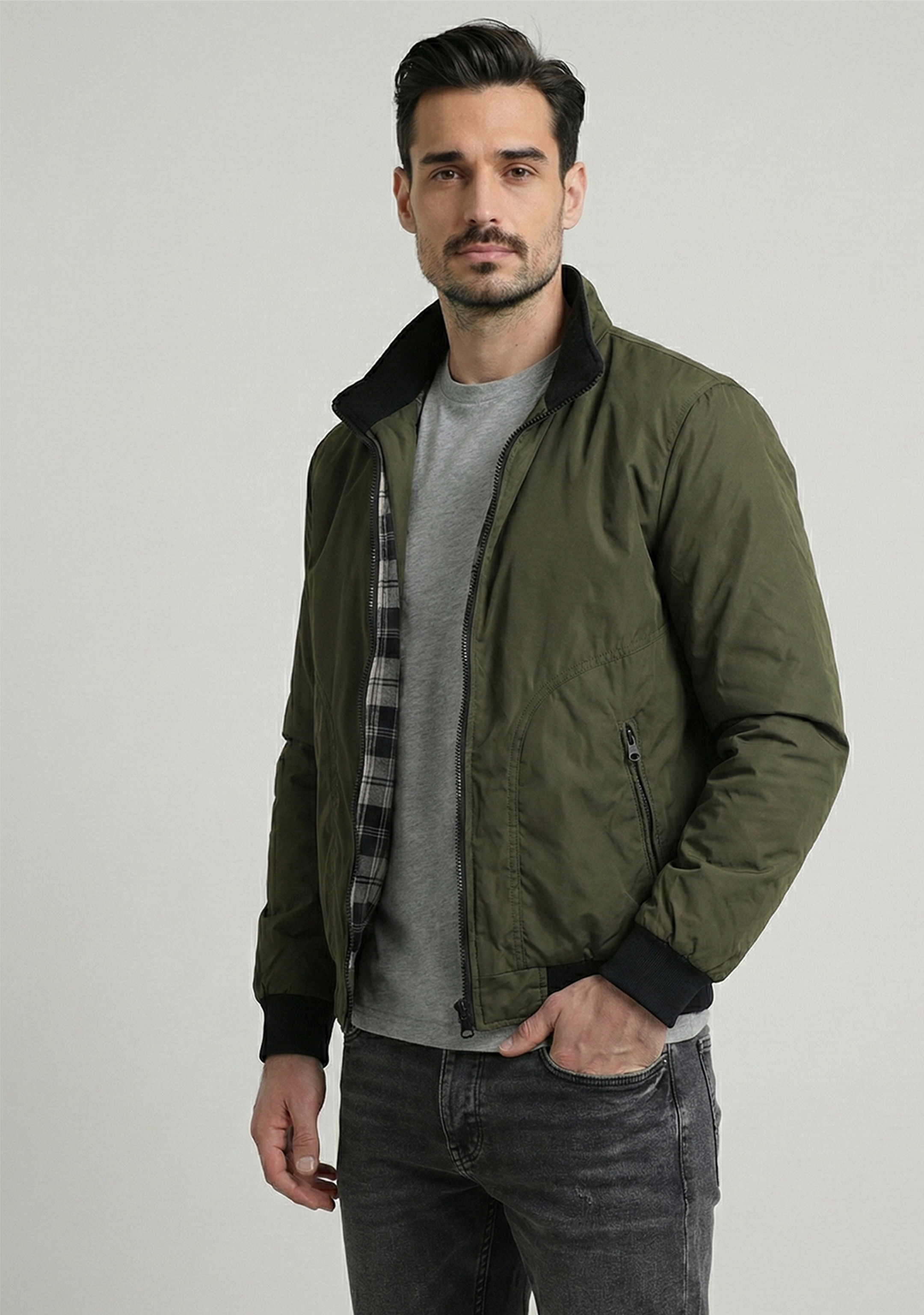 Lightweight Jacket with Stand Collar and Plaid Inner Lining | Adrian – Forest Green