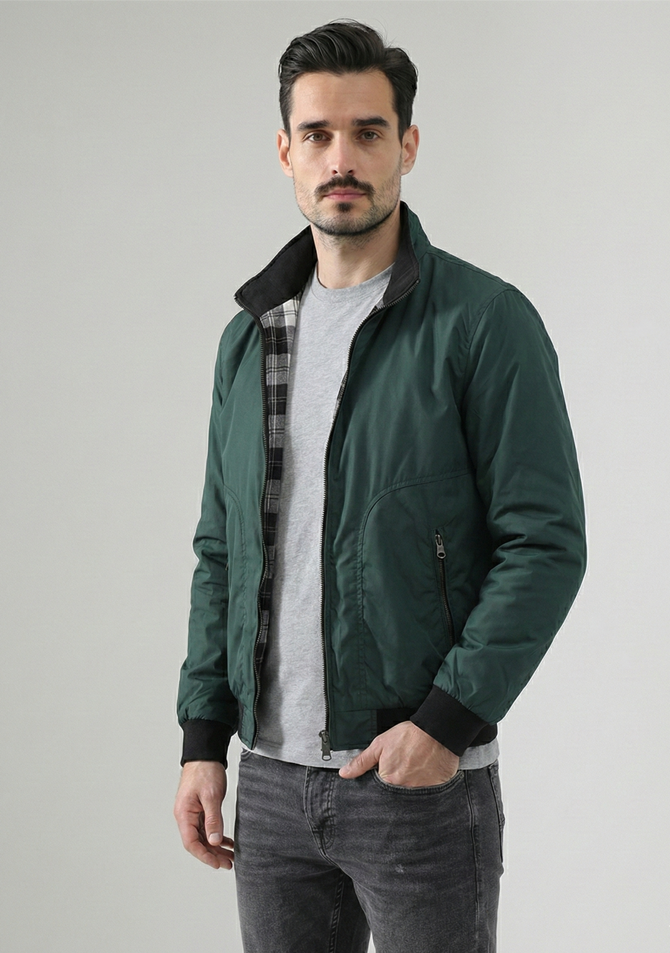 Lightweight Jacket with Stand Collar and Plaid Inner Lining | Julien – Emerald Green