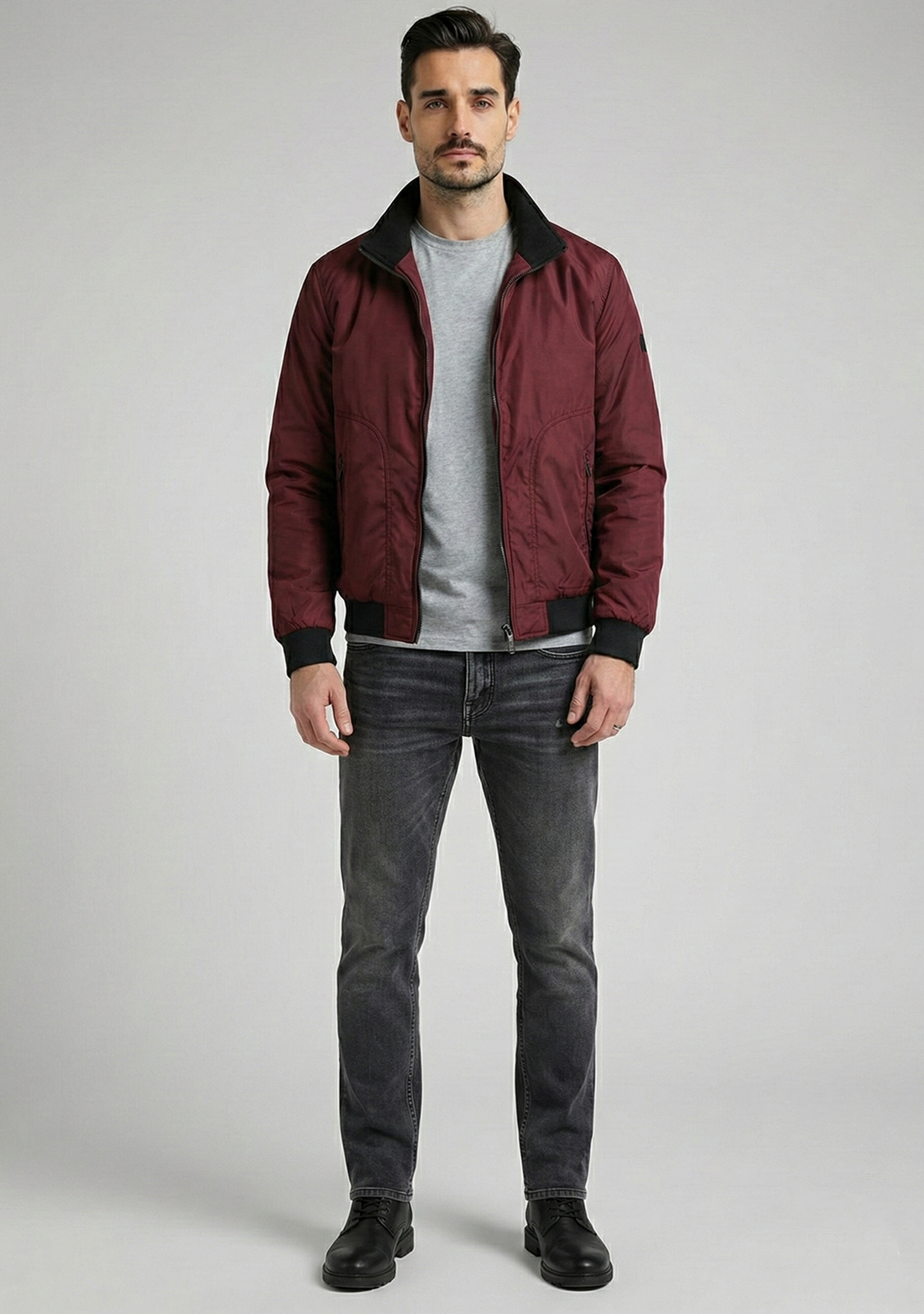 Lightweight Jacket with Stand Collar and Plaid Inner Lining | Ethan – Brick Red