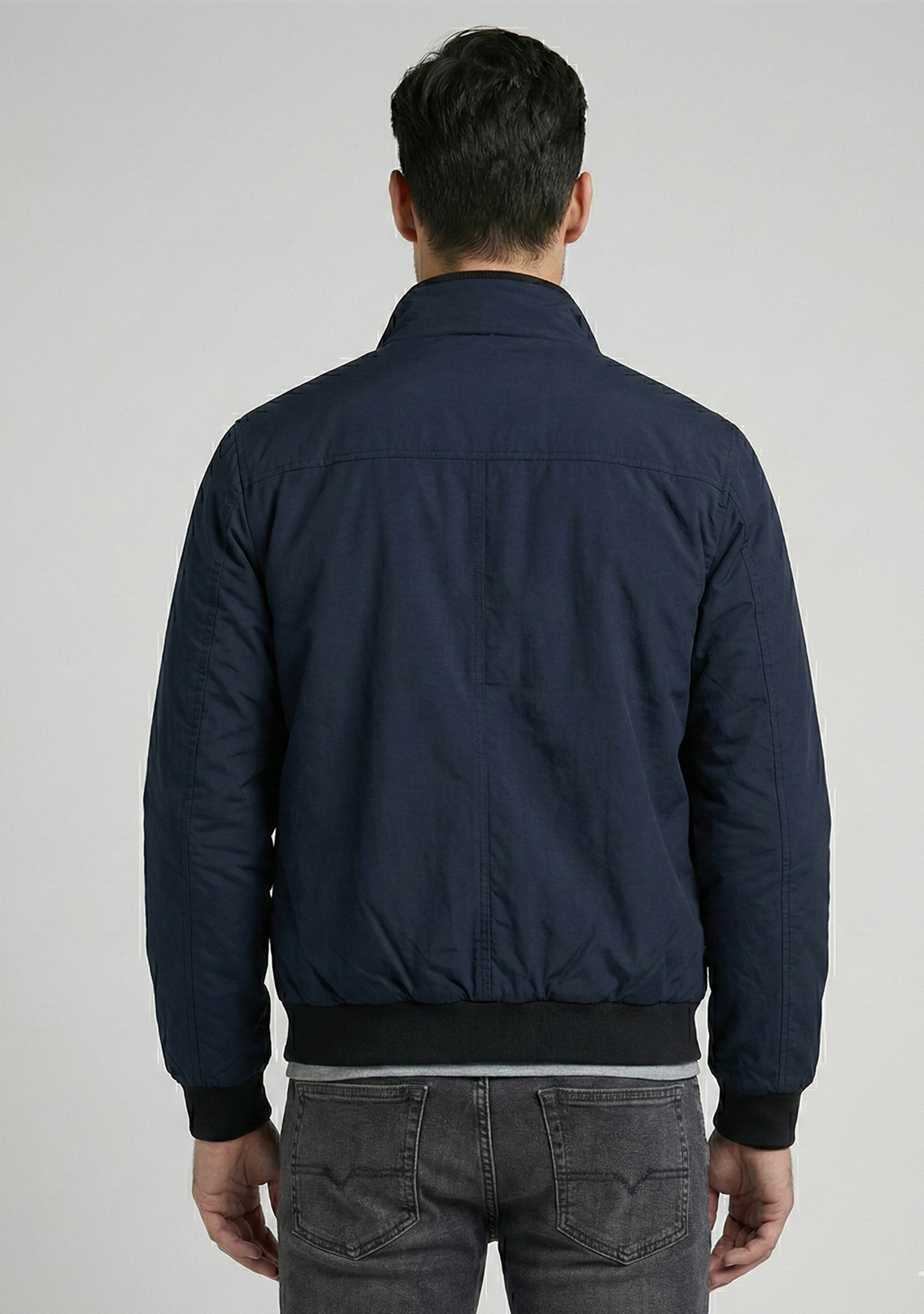 Lightweight Jacket with Stand Collar and Plaid Inner Lining | Connor – Navy Blue