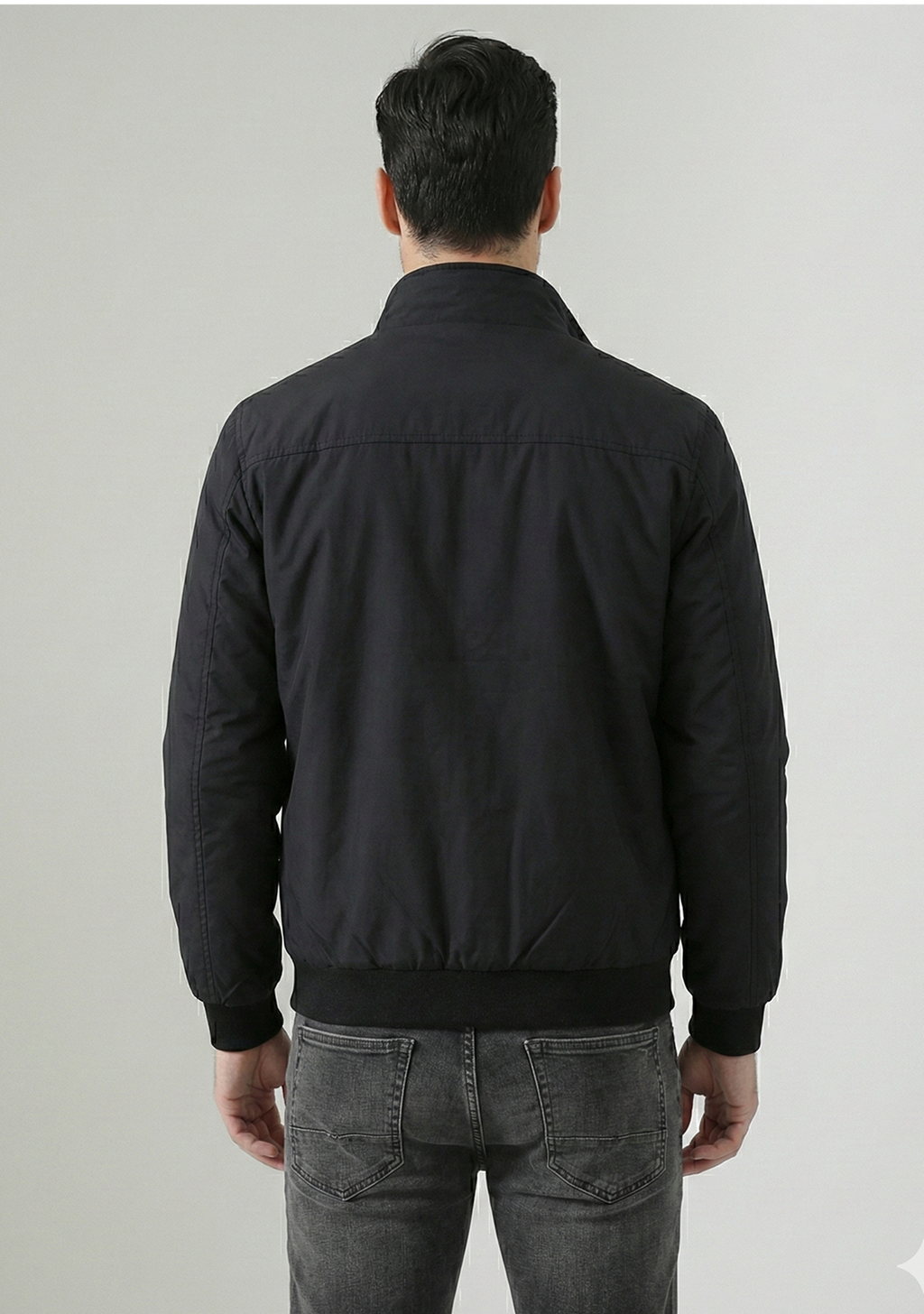 Lightweight Jacket with Stand Collar and Plaid Inner Lining | Marc – Black