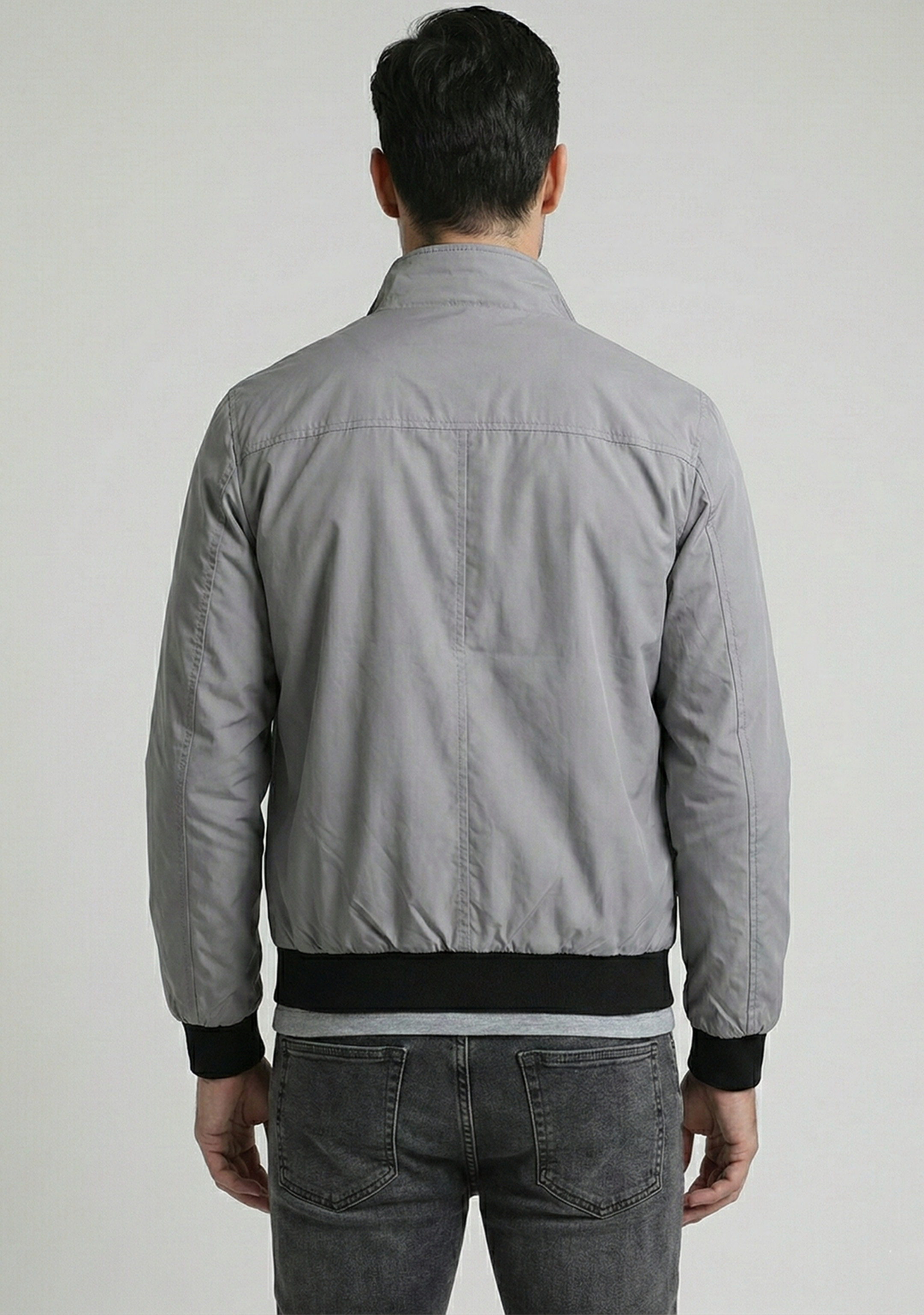 Lightweight Jacket with Stand Collar and Plaid Inner Lining | Lucas – Light Gray