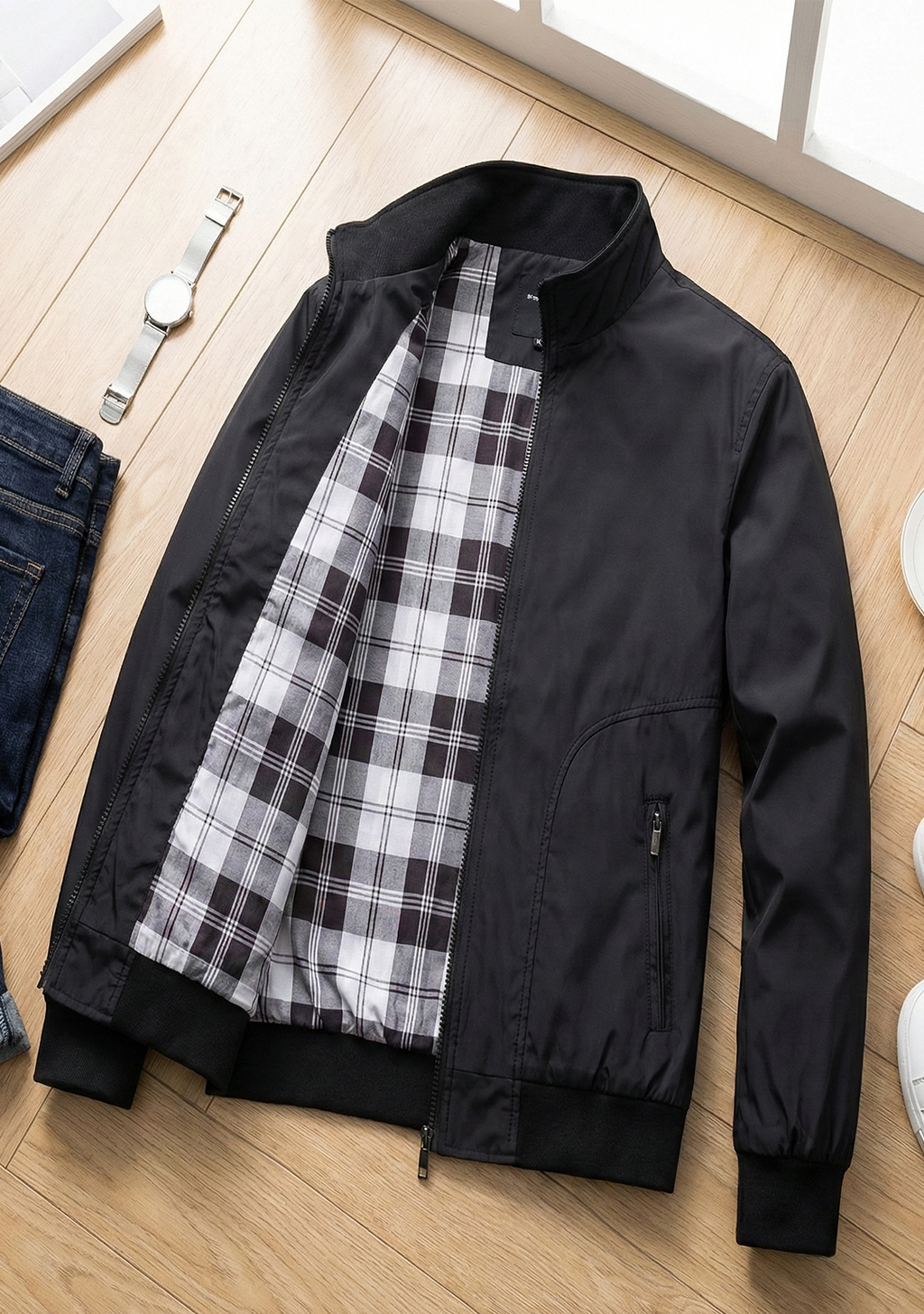 Lightweight Jacket with Stand Collar and Plaid Inner Lining | Marc – Black