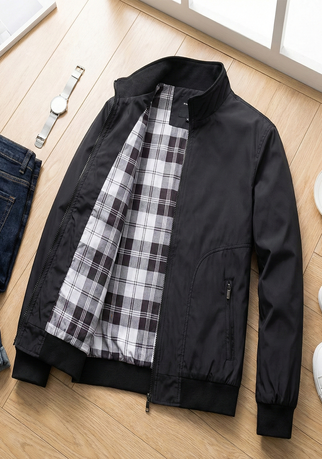 Lightweight Jacket with Stand Collar and Plaid Inner Lining | Marc – Black