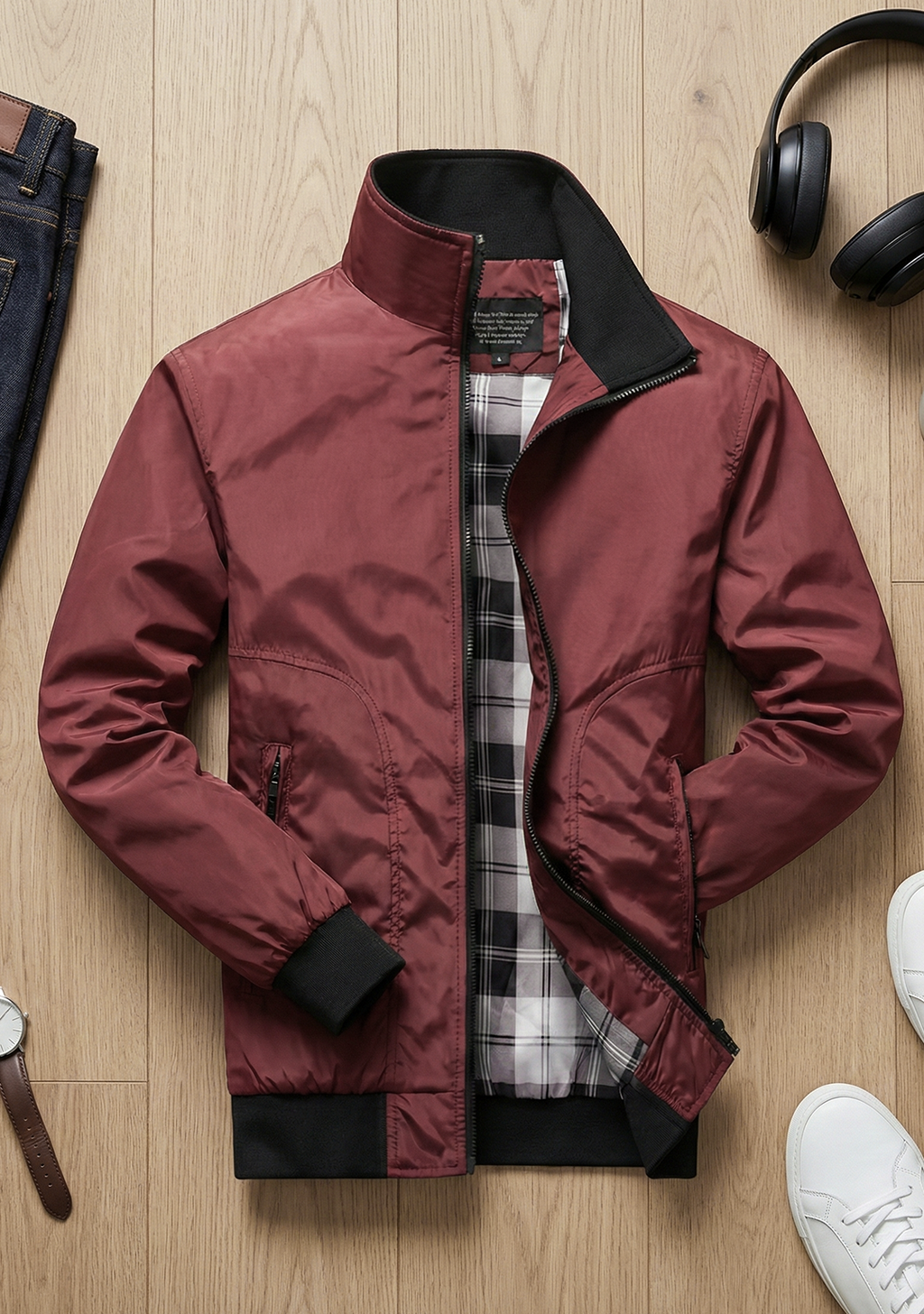 Lightweight Jacket with Stand Collar and Plaid Inner Lining | Ethan – Brick Red
