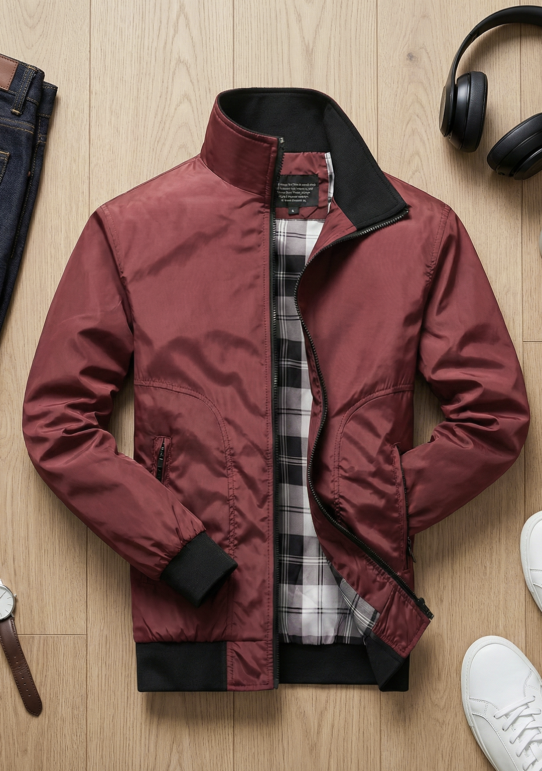 Lightweight Jacket with Stand Collar and Plaid Inner Lining | Ethan – Brick Red