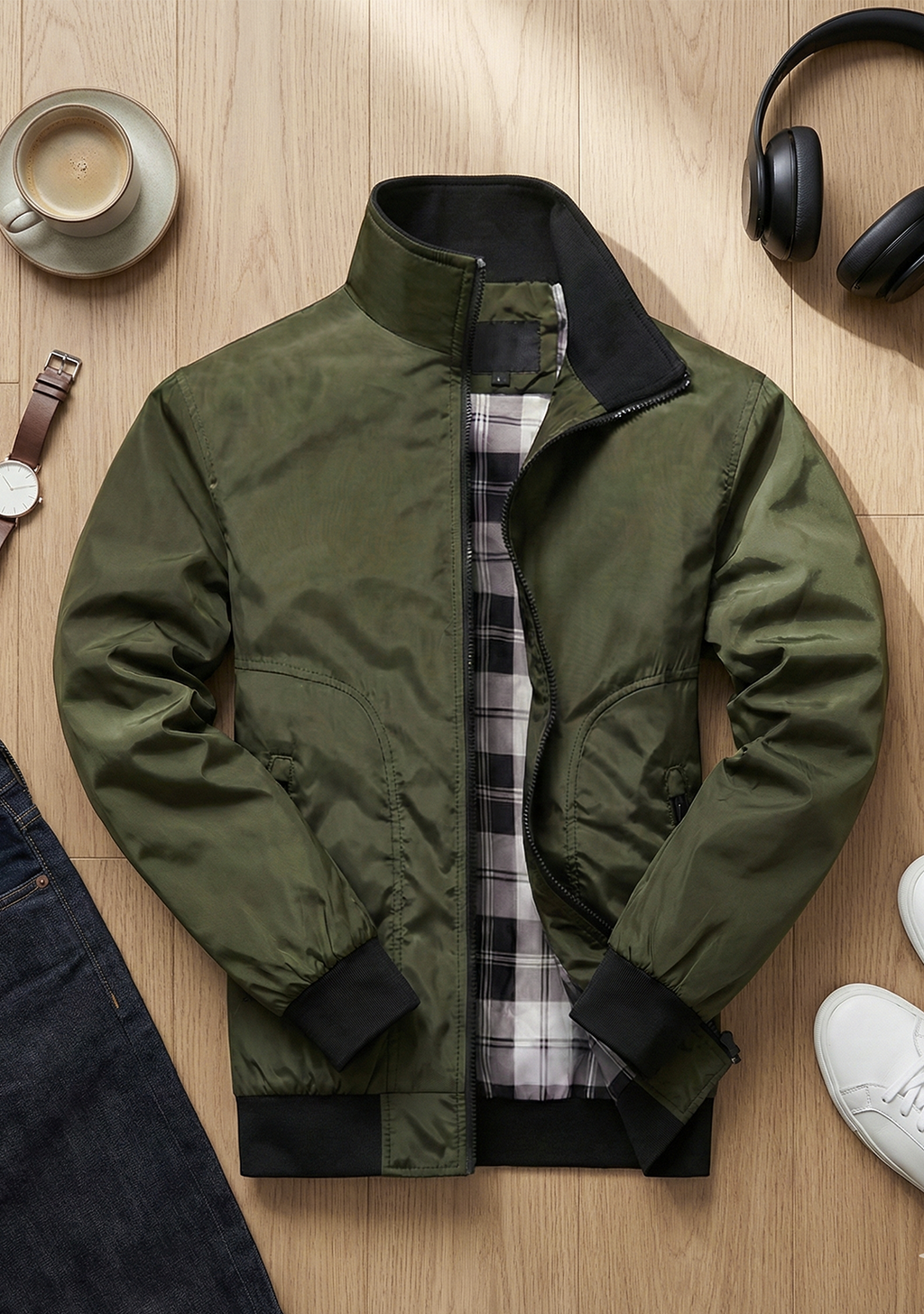 Lightweight Jacket with Stand Collar and Plaid Inner Lining | Adrian – Forest Green