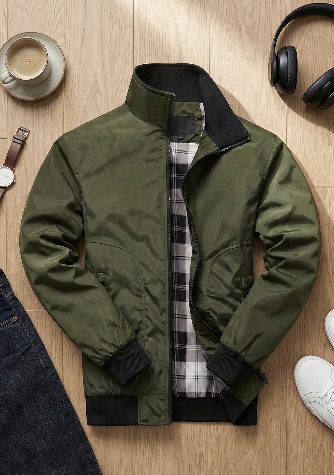 Lightweight Jacket with Stand Collar and Plaid Inner Lining | Adrian – Forest Green