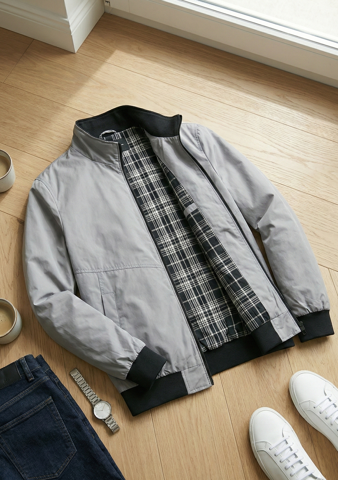 Lightweight Jacket with Stand Collar and Plaid Inner Lining | Lucas – Light Gray