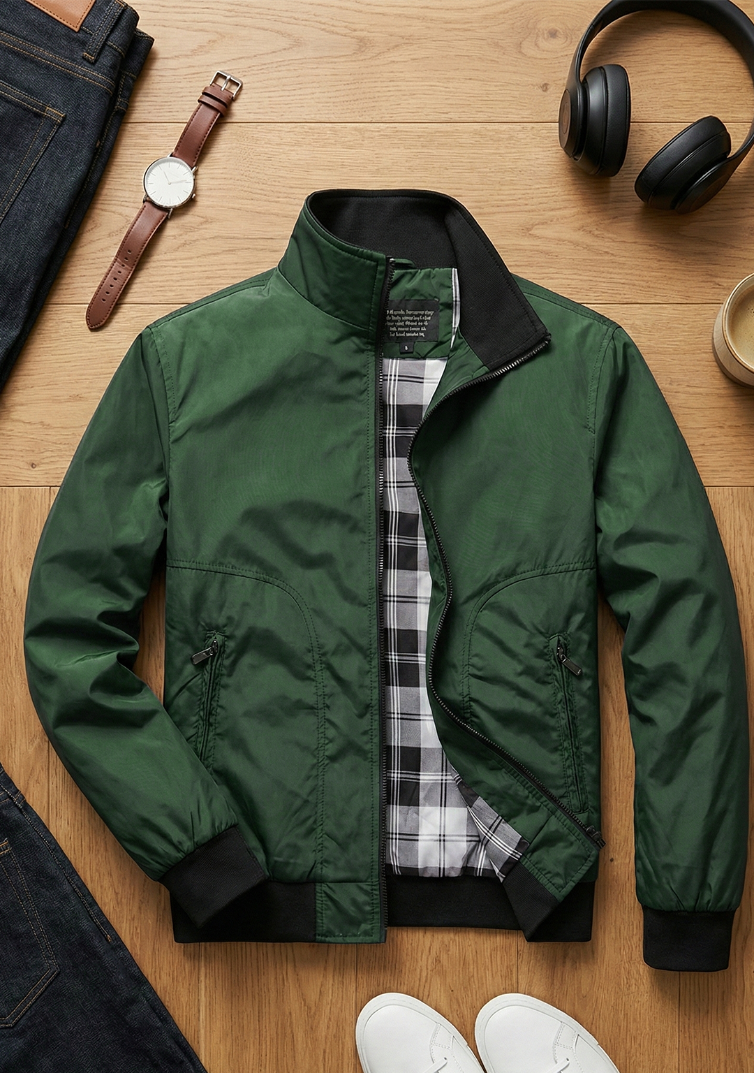 Lightweight Jacket with Stand Collar and Plaid Inner Lining | Julien – Emerald Green