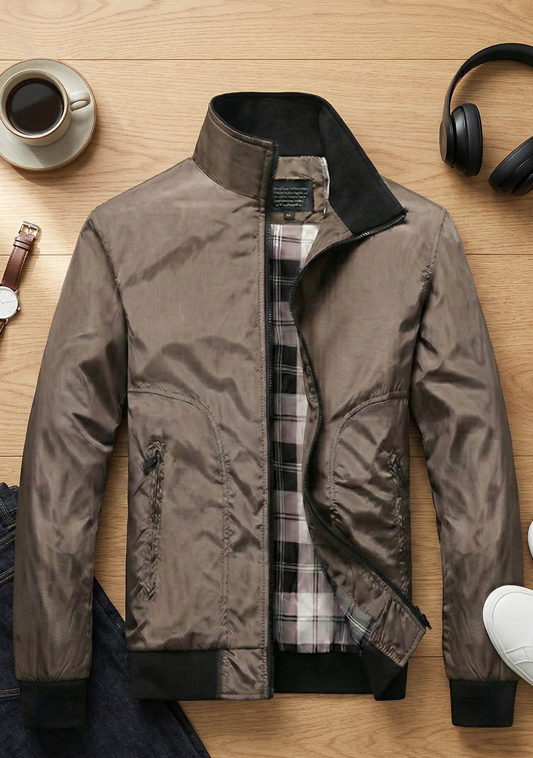 Lightweight Jacket with Stand Collar and Plaid Inner Lining | Ryan – Mocha Brown