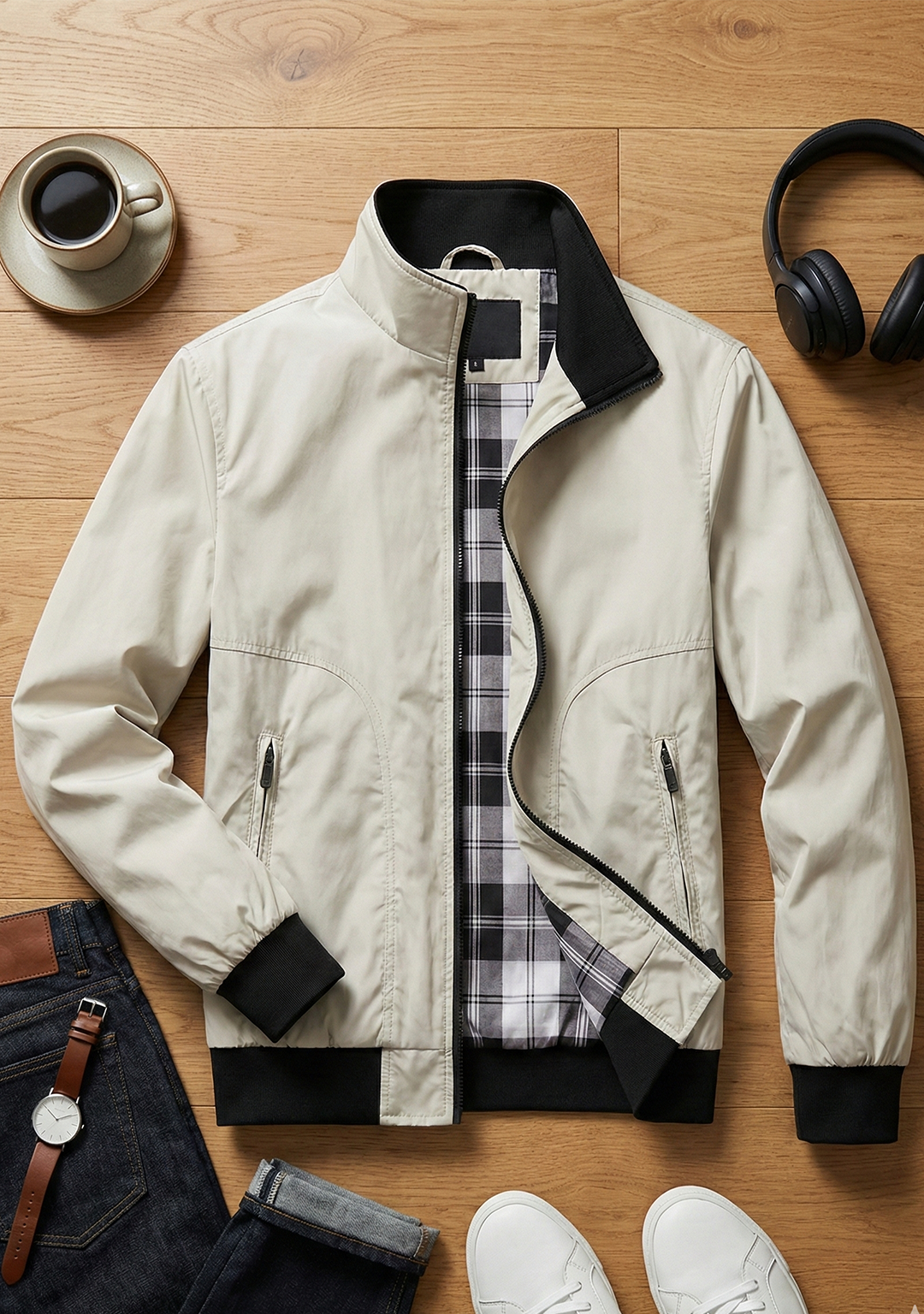 Lightweight Jacket with Stand Collar and Plaid Inner Lining | Daniel – Cream