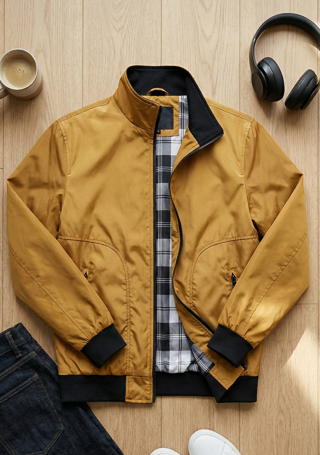 Lightweight Jacket with Stand Collar and Plaid Inner Lining | Owen – Mustard Yellow