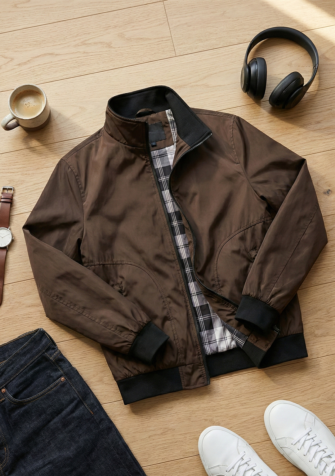 Lightweight Jacket with Stand Collar and Plaid Inner Lining | Mason – Coffee Brown