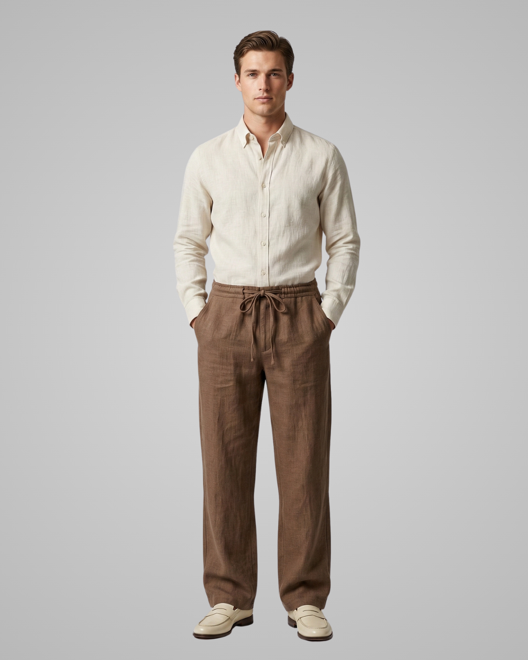 Man wearing a white shirt and brown pants on a gray background