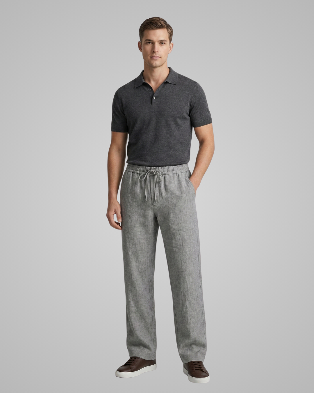 Man wearing a dark gray polo shirt and light gray drawstring pants on a plain background