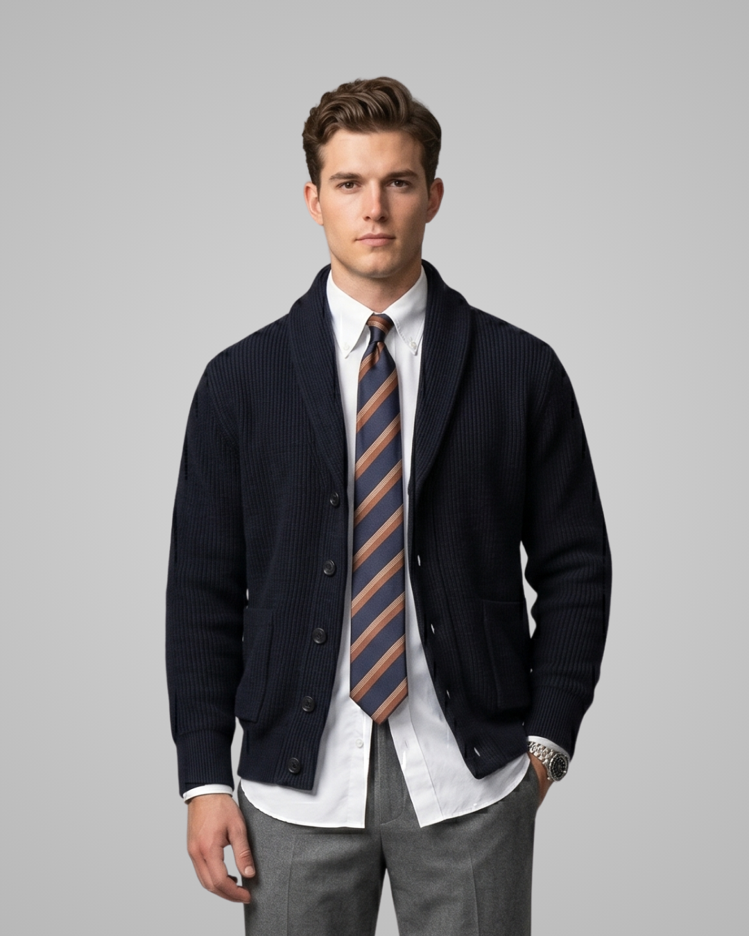 Man wearing a navy cardigan, white shirt, and striped tie on a gray background