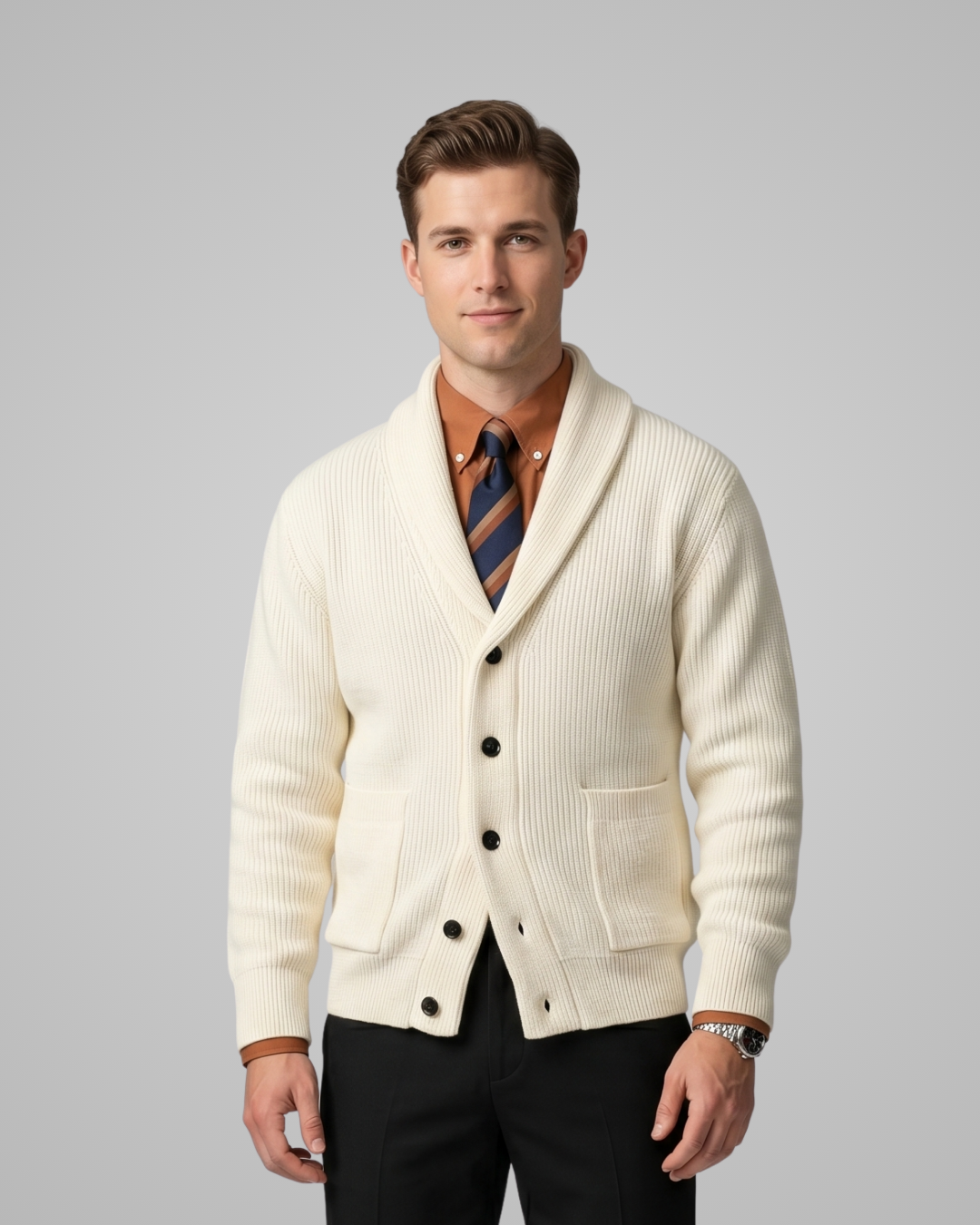 Man wearing a cream-colored shawl collar sweater over a patterned shirt on a gray background