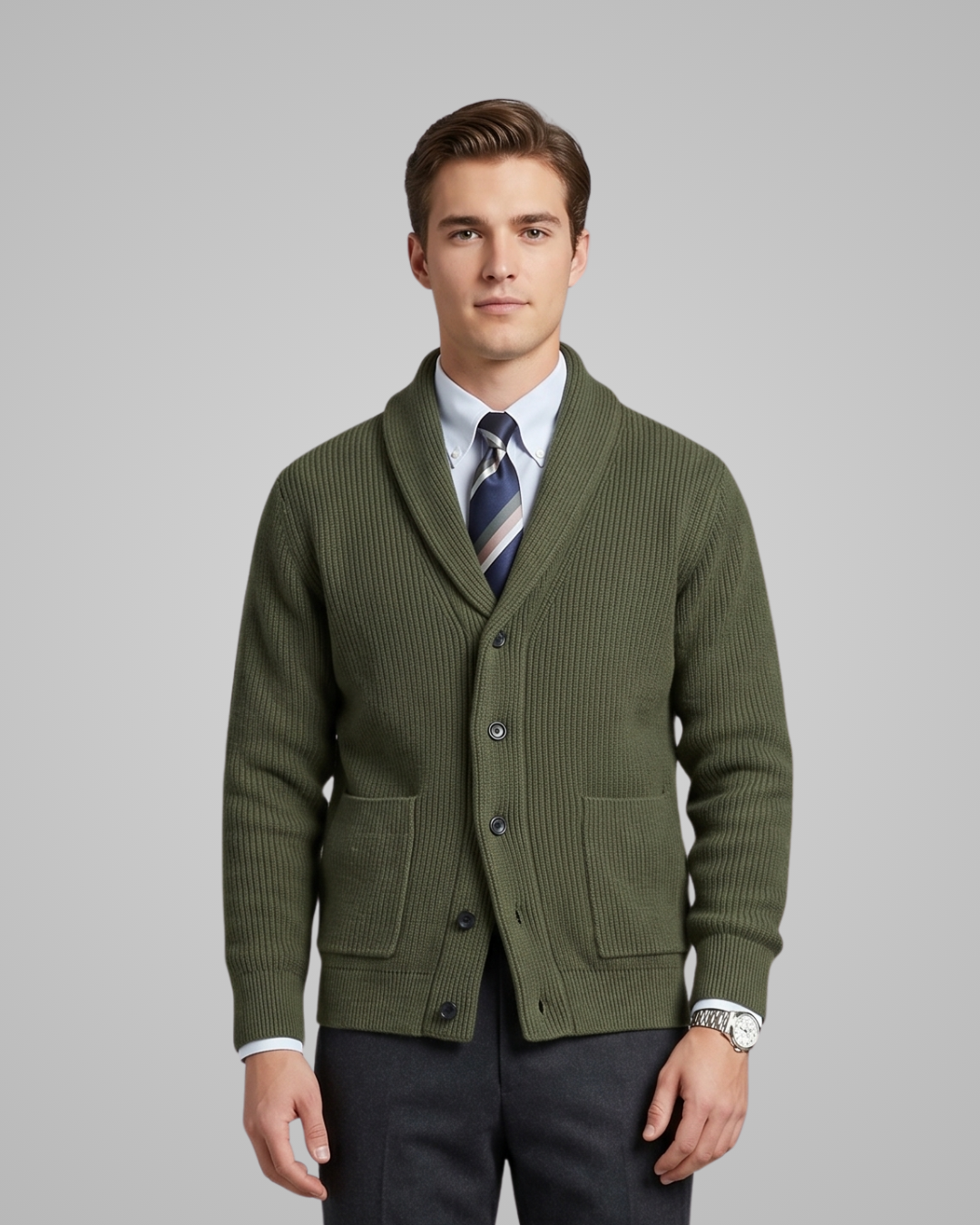 Man wearing a green cardigan over a suit on a gray background