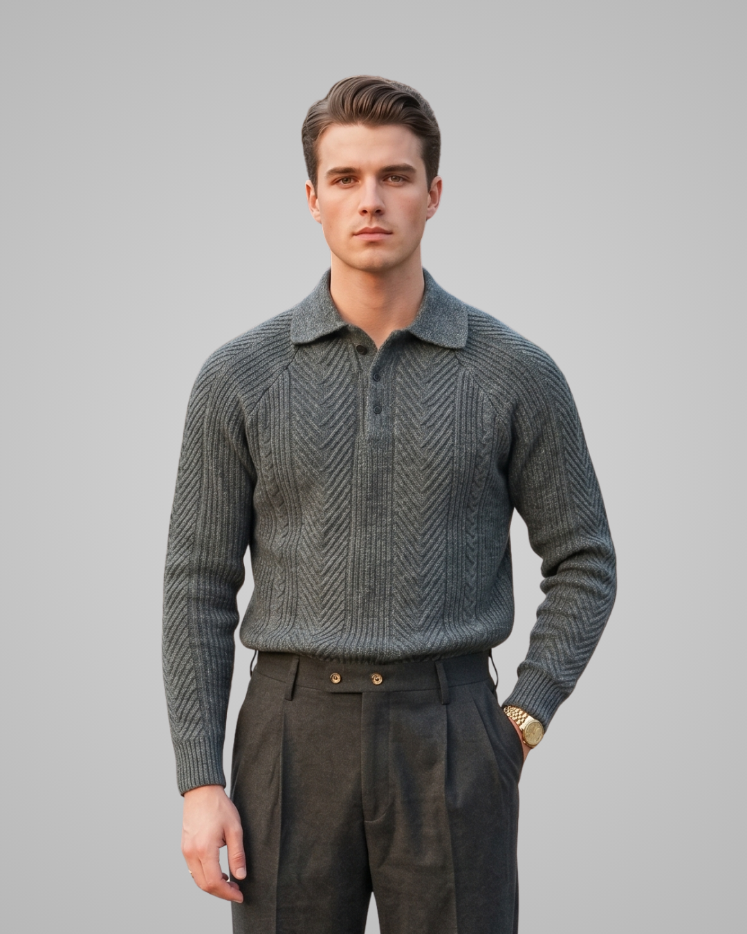 Man wearing a gray sweater and dark pants against a plain background