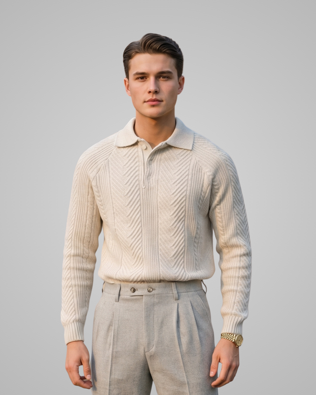 Man wearing a cream sweater and light gray pants against a plain background