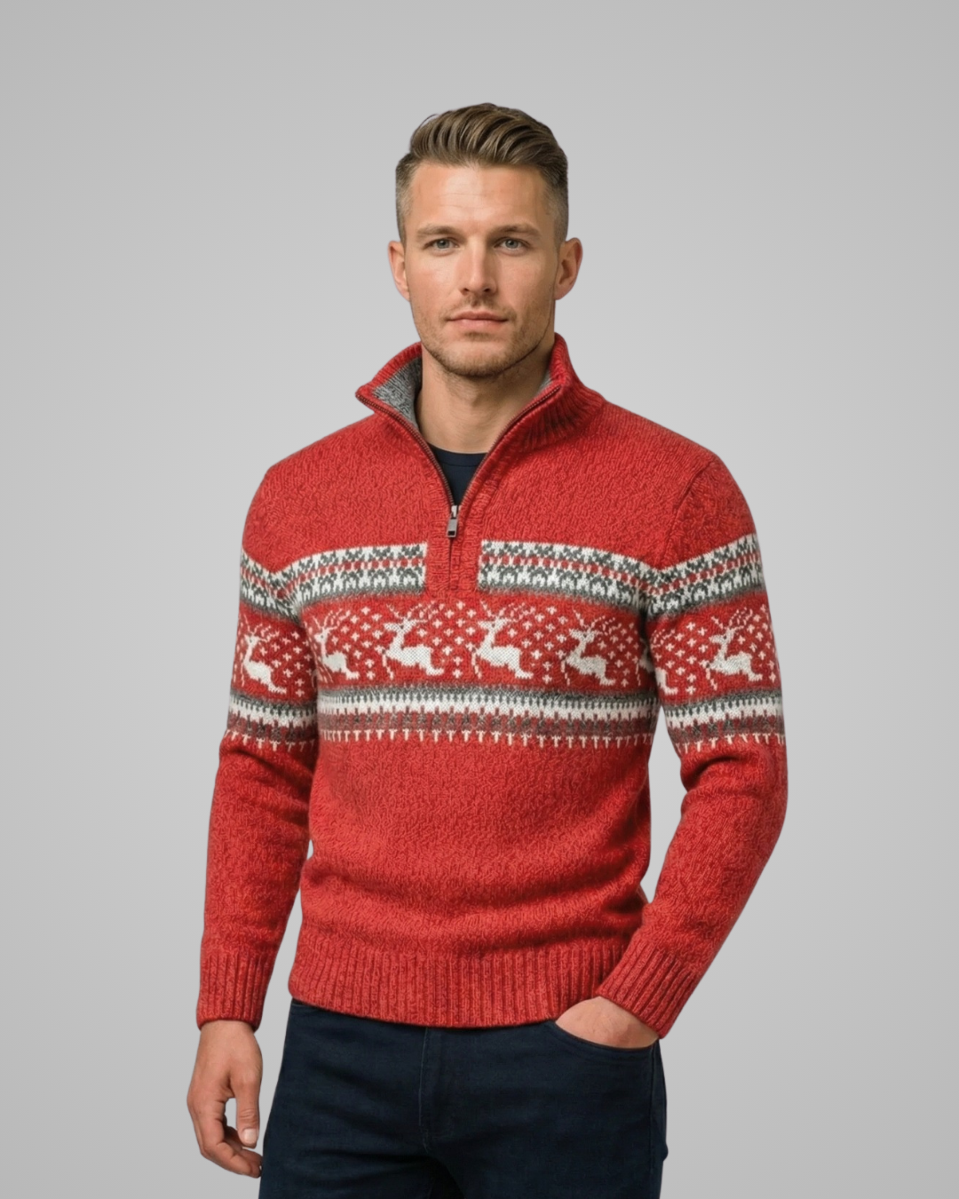 Man wearing a red sweater with reindeer pattern on a gray background
