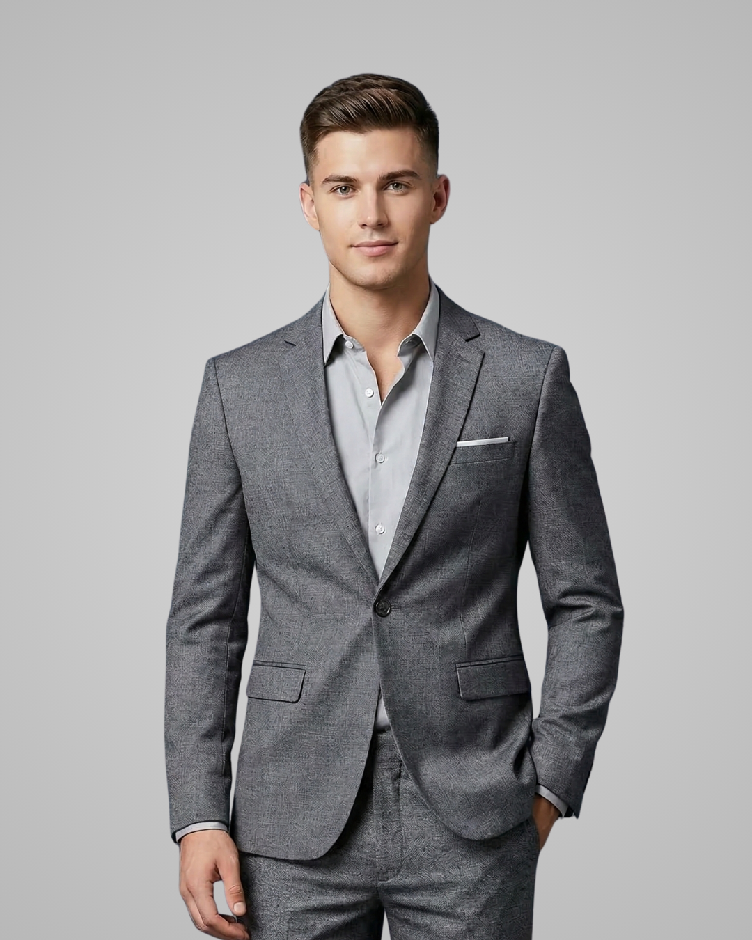 Man wearing a gray suit with a light shirt on a gray background