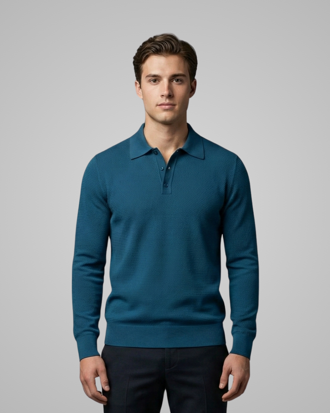 Man wearing a teal long-sleeve polo shirt against a gray background