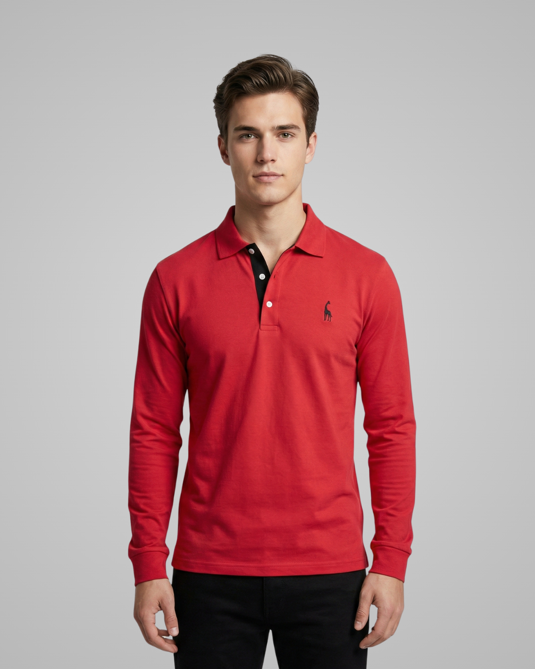 Man wearing a red long-sleeve polo shirt with a small logo on a gray background