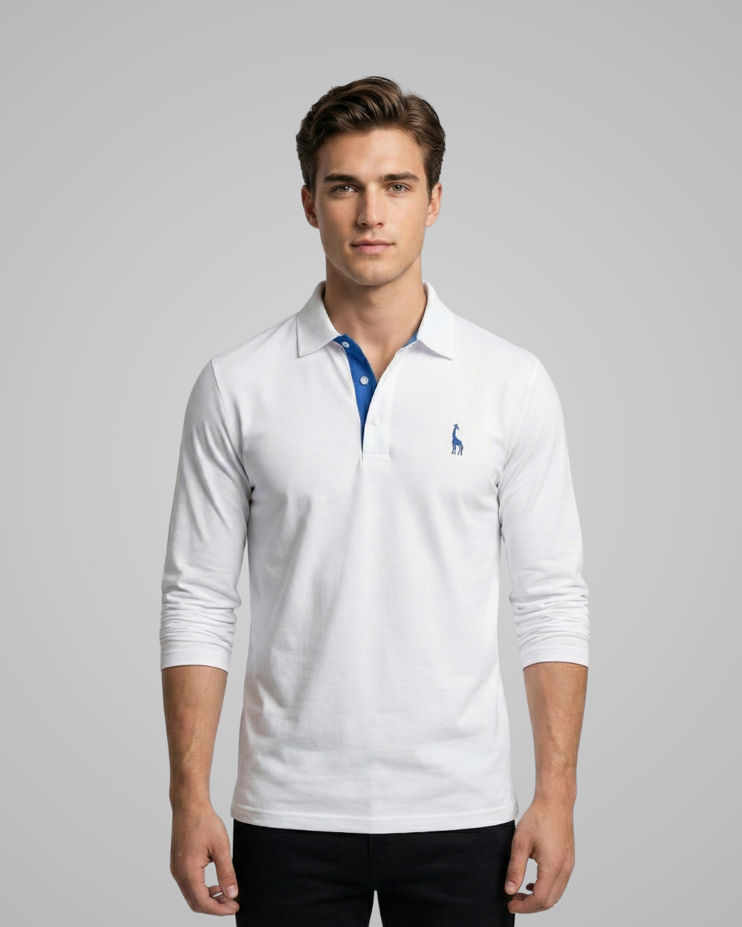 Man wearing a white long-sleeve polo shirt with a blue collar and Ralph Lauren logo on a gray background