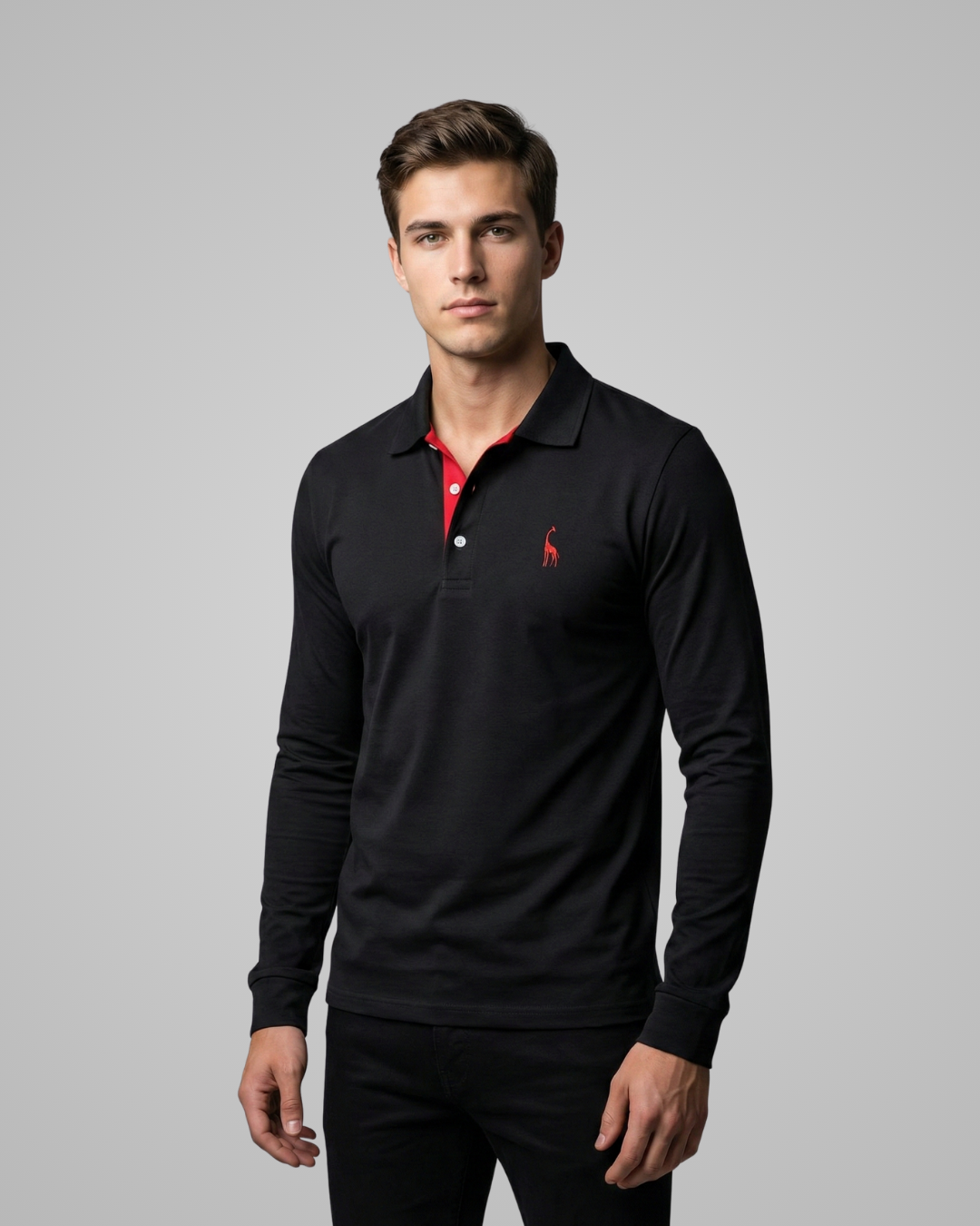 Man wearing a black long-sleeve polo shirt with a red logo on a gray background