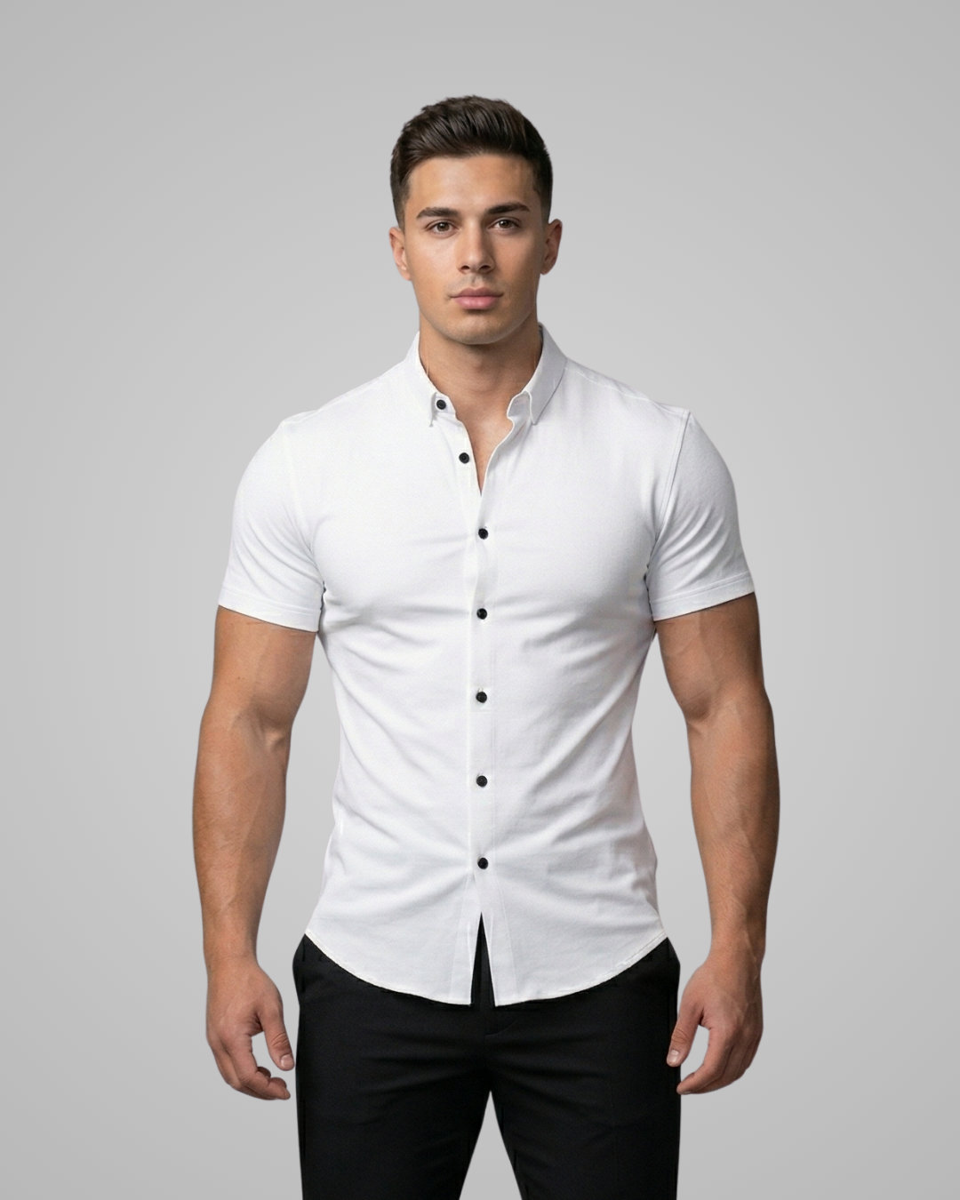 Man wearing a white short-sleeve shirt with black buttons on a gray background