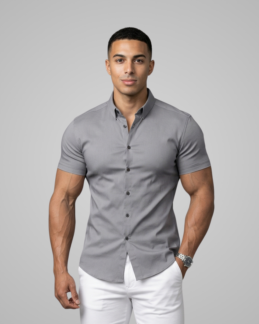 Man wearing a gray short-sleeve button-up shirt and white pants on a gray background