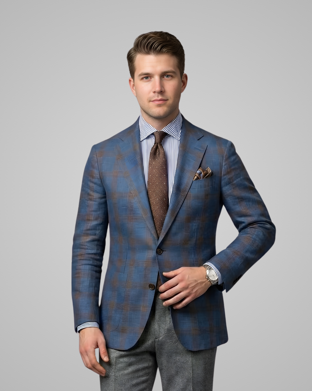 Man wearing a blue plaid suit with a brown tie on a gray background