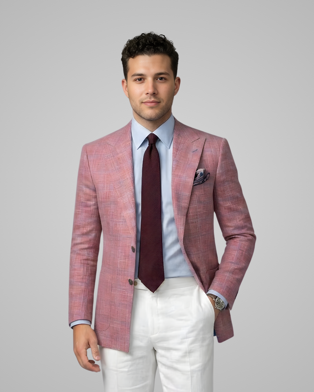 Man wearing a pink checkered blazer, white pants, and a maroon tie on a gray background