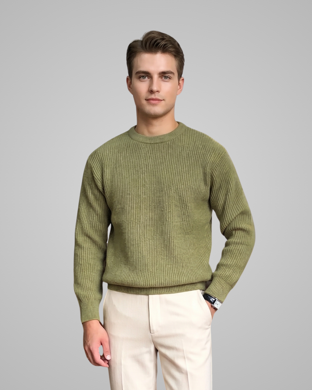 Man wearing a green sweater and white pants against a gray background