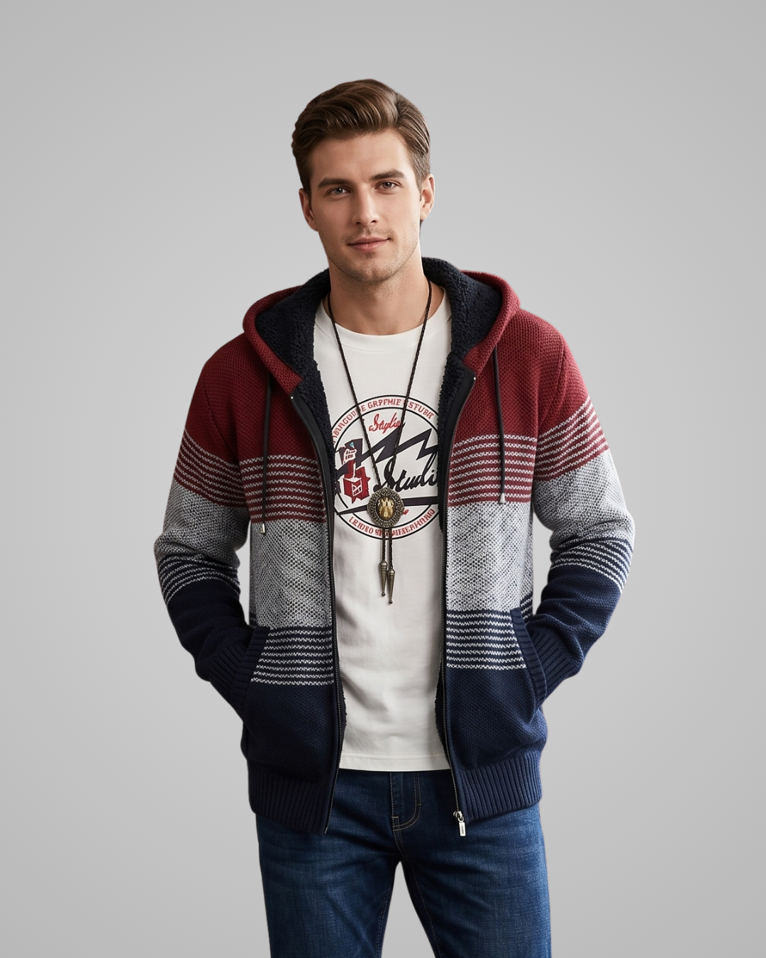Man wearing a patterned hoodie with a plain background