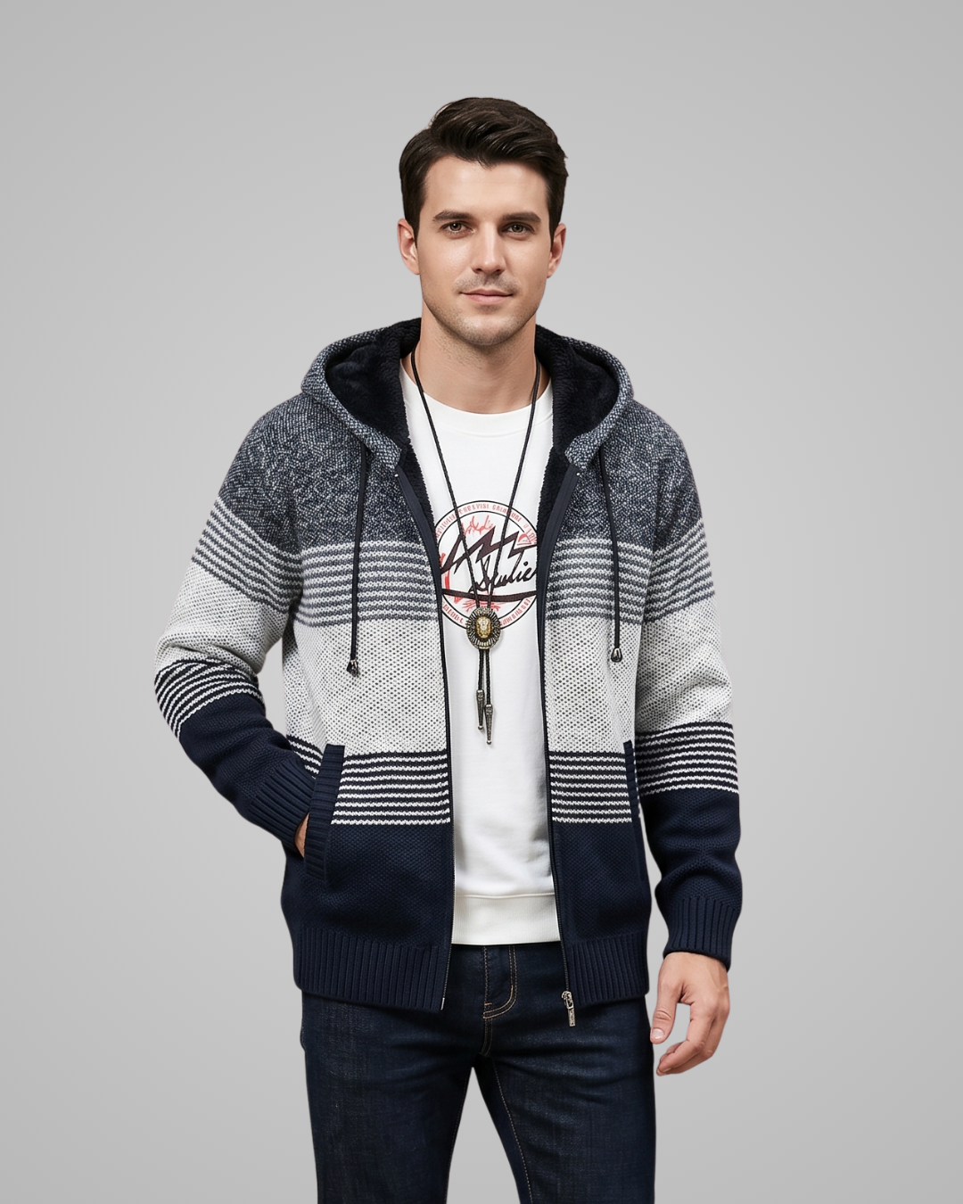 Man wearing a patterned hoodie over a white t-shirt with a graphic design on a gray background