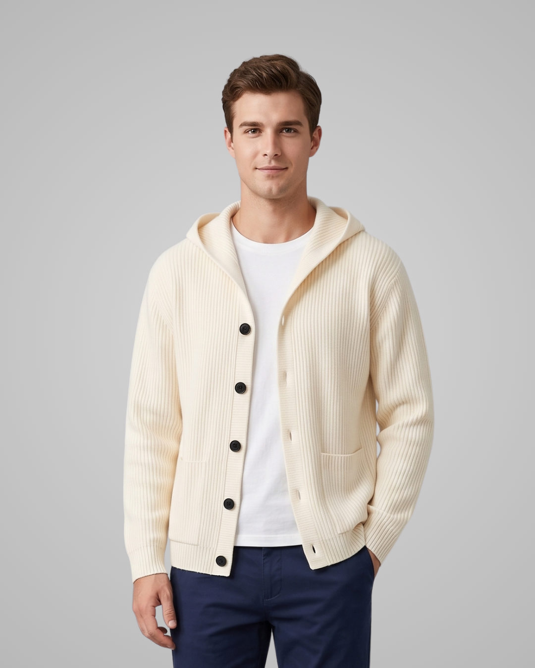 Man wearing a cream-colored cardigan with black buttons on a gray background