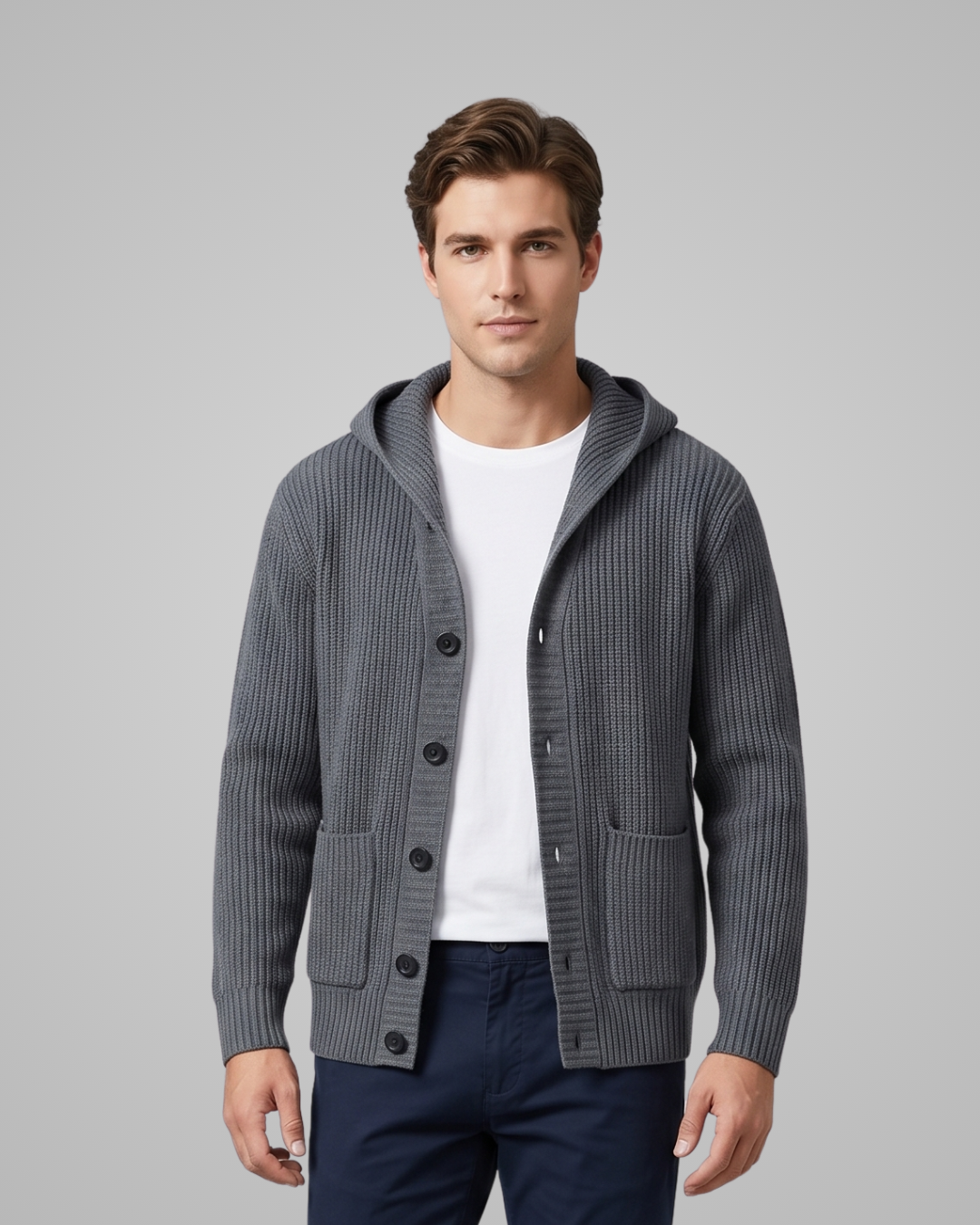 Man wearing a gray hooded cardigan over a white shirt and dark pants on a gray background