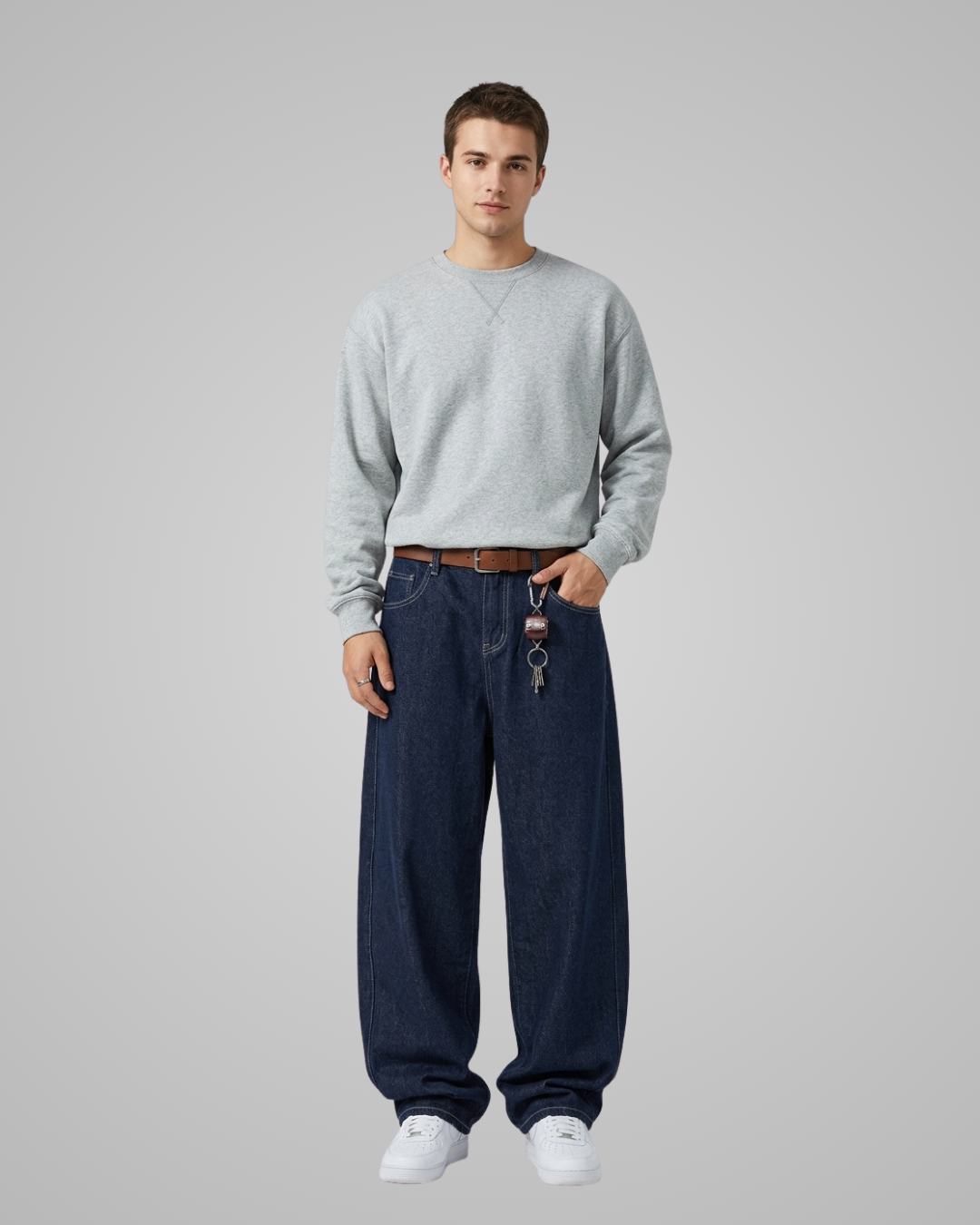 Man wearing a light gray sweater and dark blue jeans on a plain background