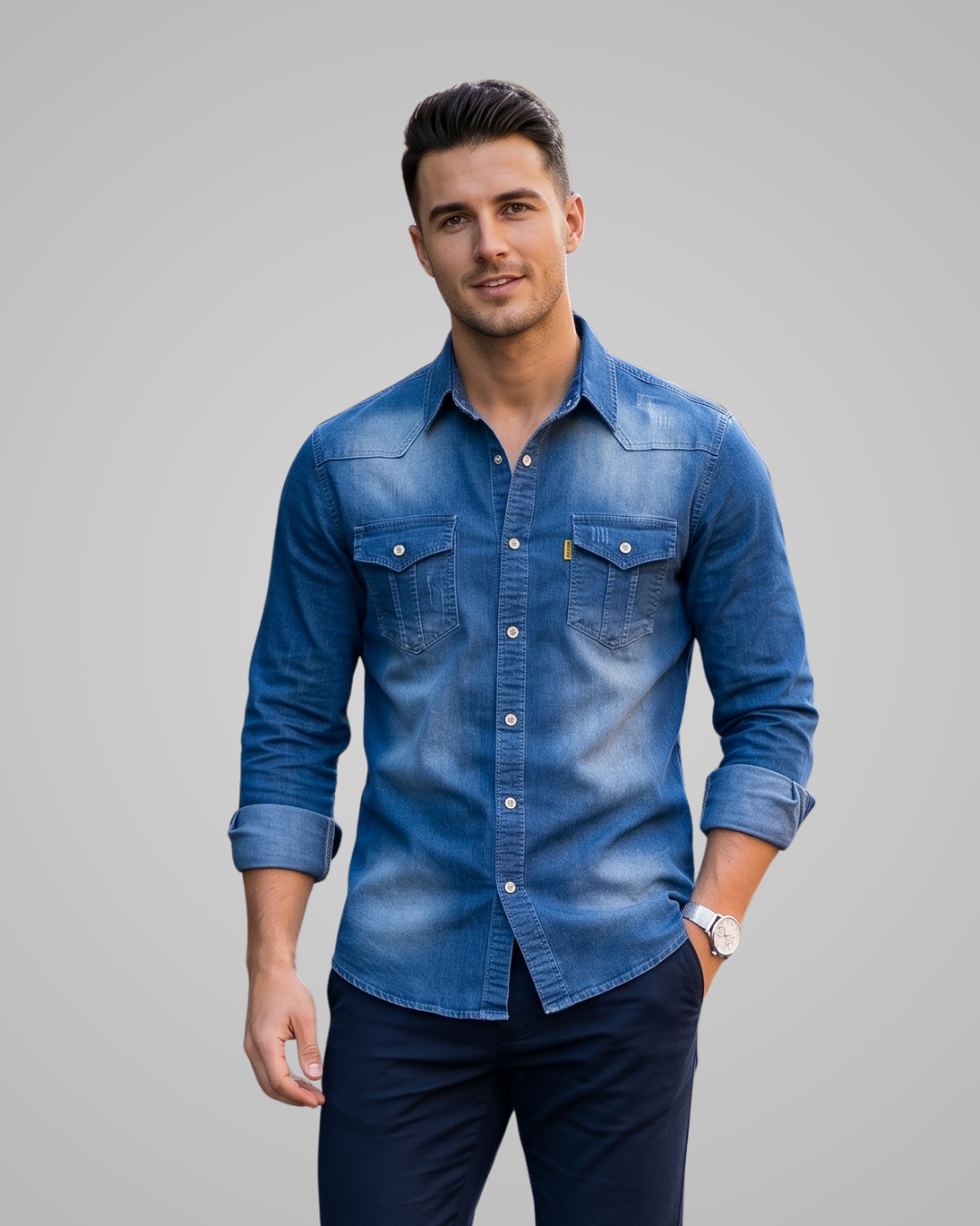 Man wearing a blue denim shirt against a gray background