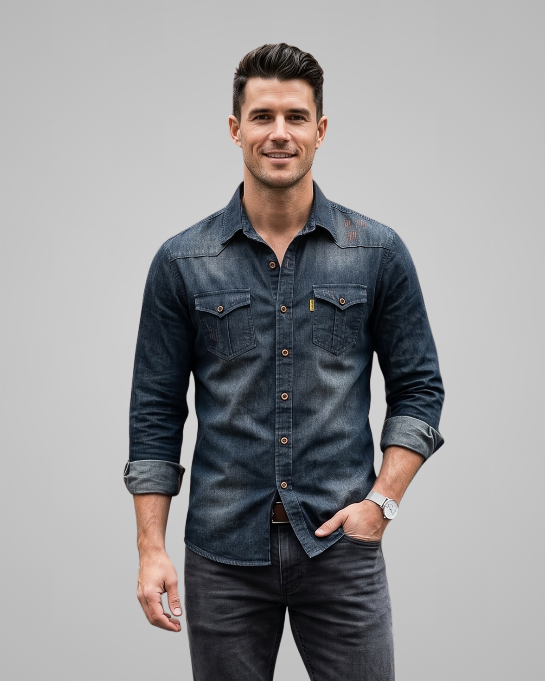 Man wearing a blue denim shirt on a gray background