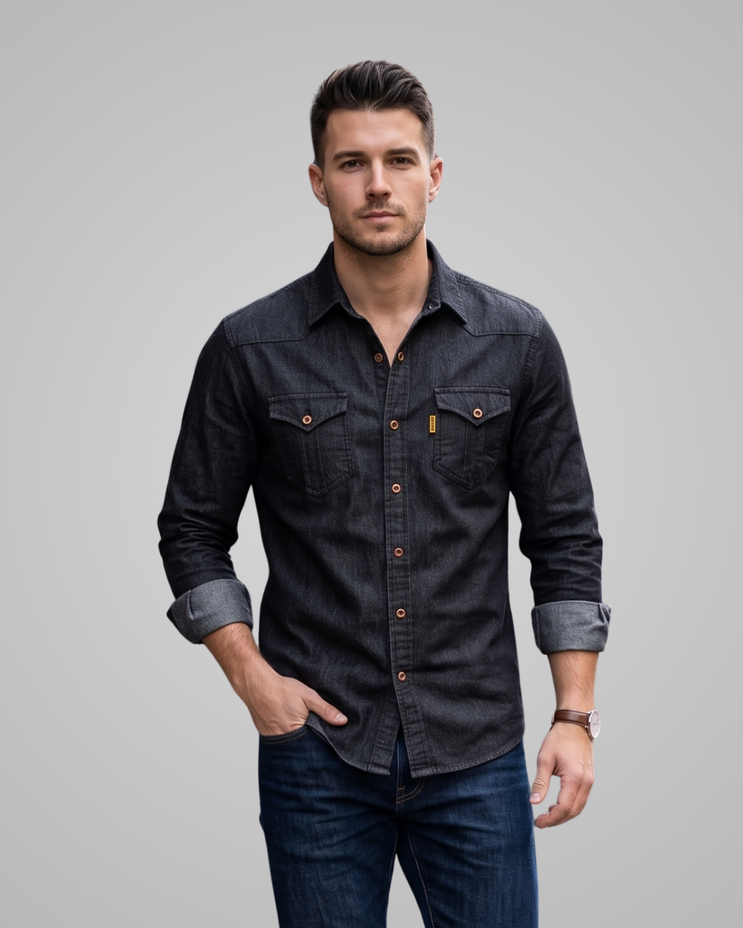 Man wearing a dark denim shirt and jeans on a gray background