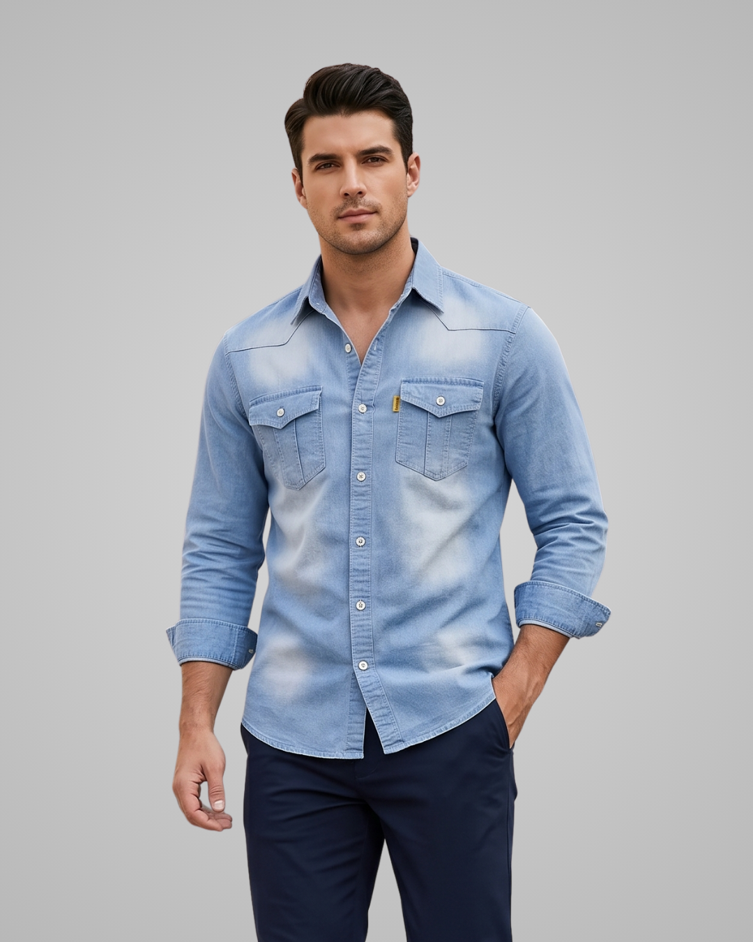 Man wearing a light blue denim shirt on a gray background