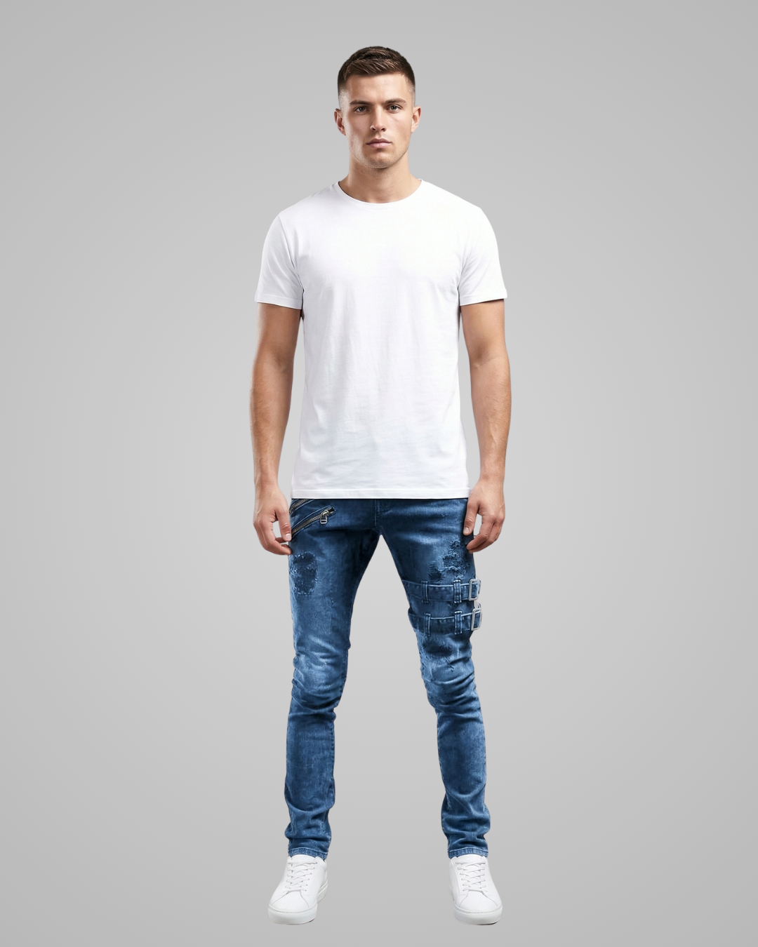 Man wearing a white t-shirt and blue jeans on a gray background