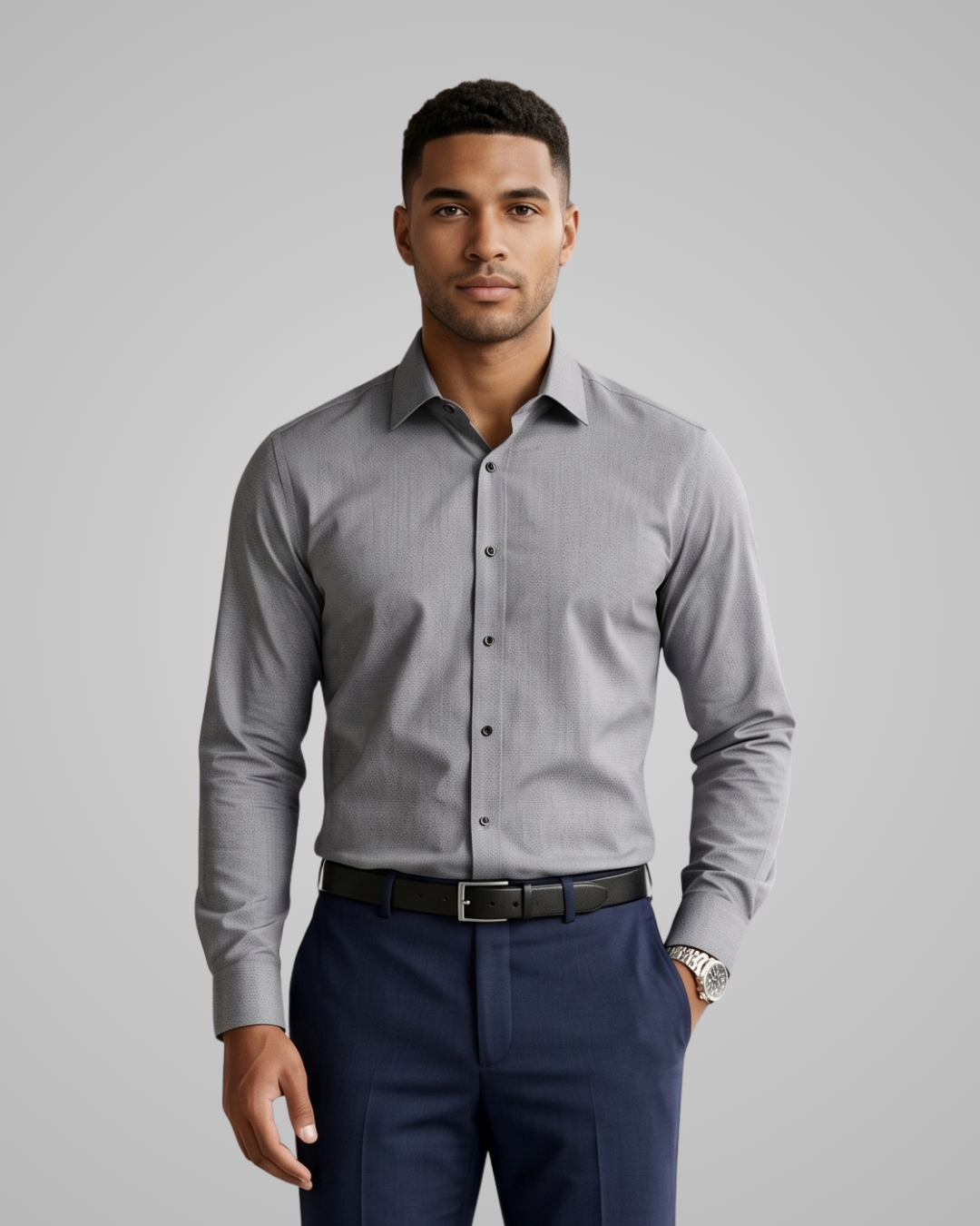 Man wearing a gray dress shirt and navy pants against a gray background