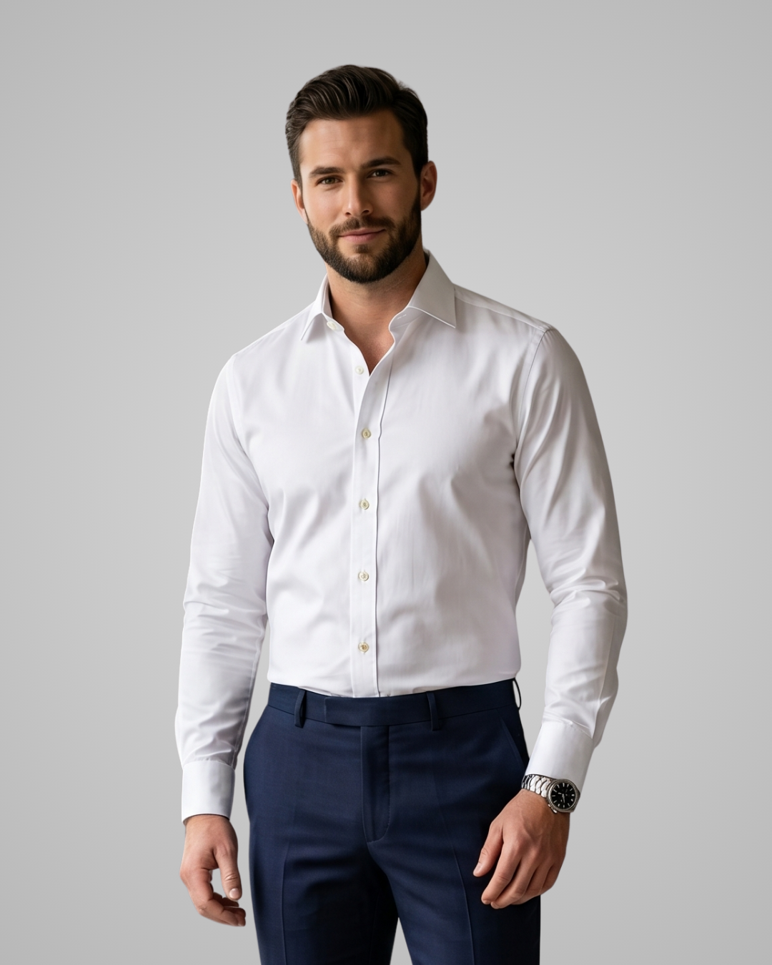 Man wearing a white dress shirt and navy pants against a gray background