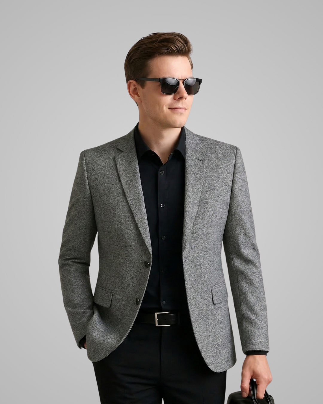 Man wearing a gray blazer over a black shirt with sunglasses on a gray background